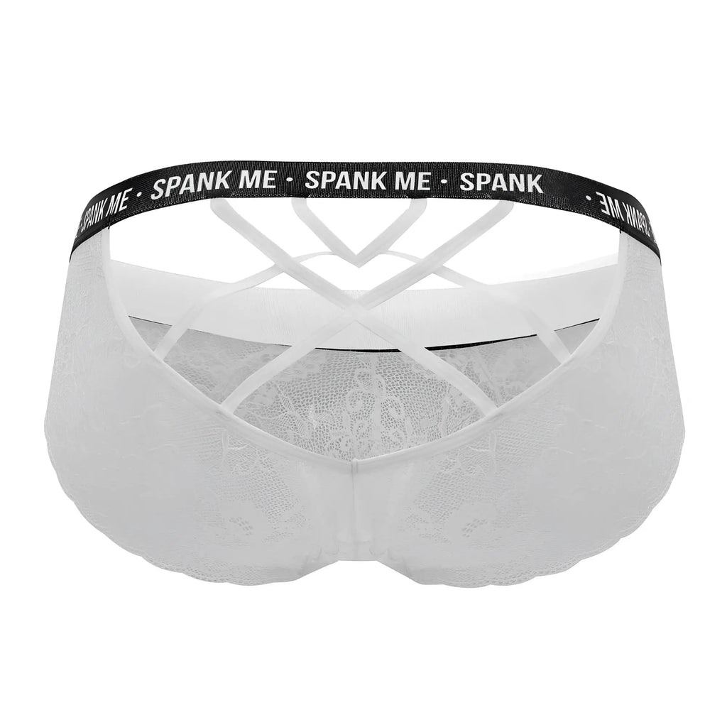 White lace thong with black elastic waistband featuring repeat spank me text candy man 99615x lace briefs