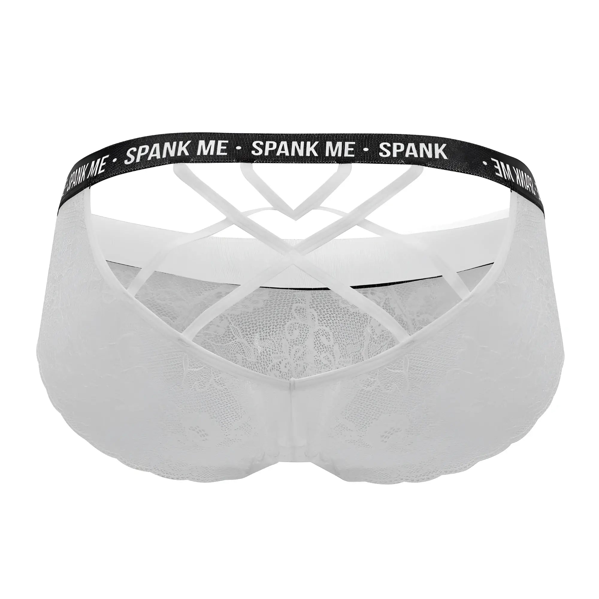 White lace thong with black elastic waistband featuring repeat spank me text candy man 99615x lace briefs