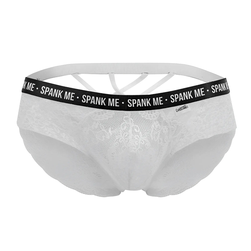 White lace CandyMan 99615X spank me briefs with black elastic waistband featuring repeated spank me text