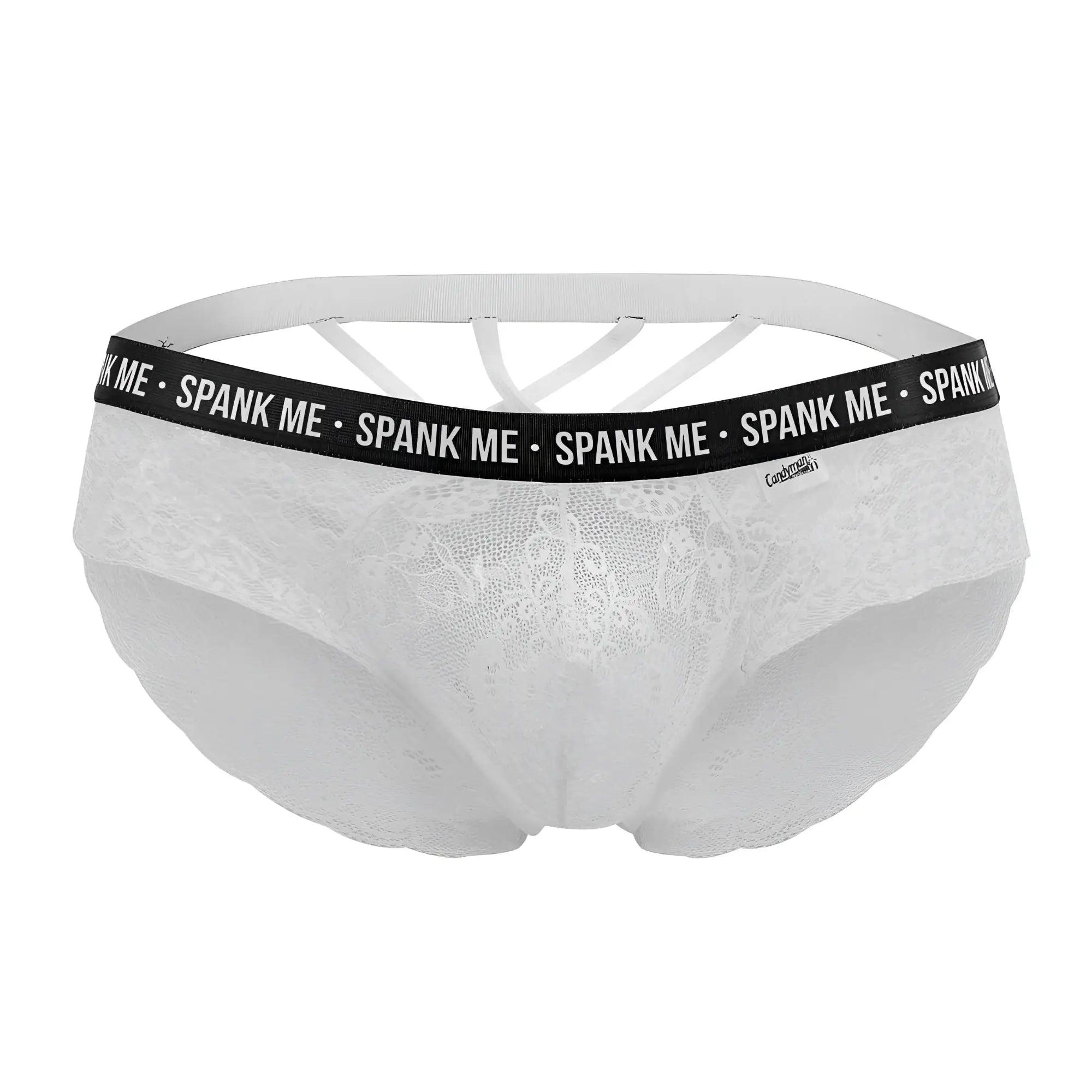 White lace CandyMan 99615X spank me briefs with black elastic waistband featuring repeated spank me text