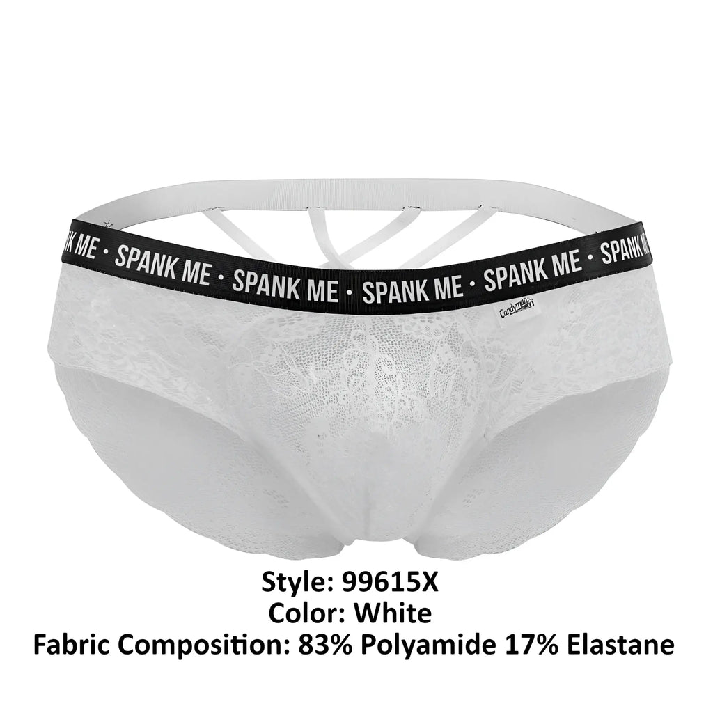 White lace briefs with black elastic waistband featuring spank me logo from candyman 99615x collection