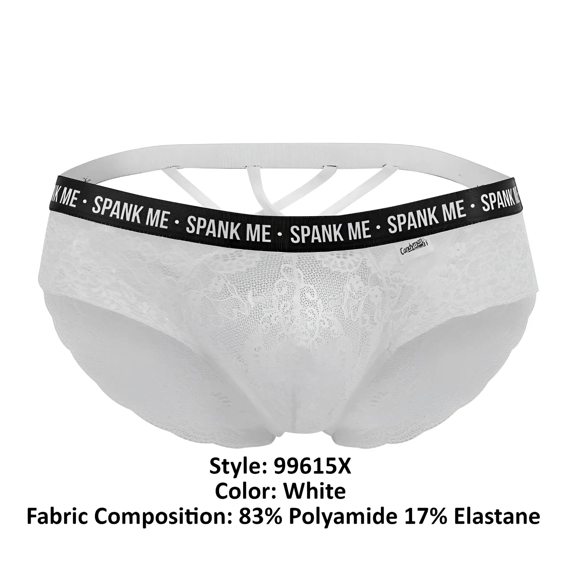 White lace briefs with black elastic waistband featuring spank me logo from candyman 99615x collection