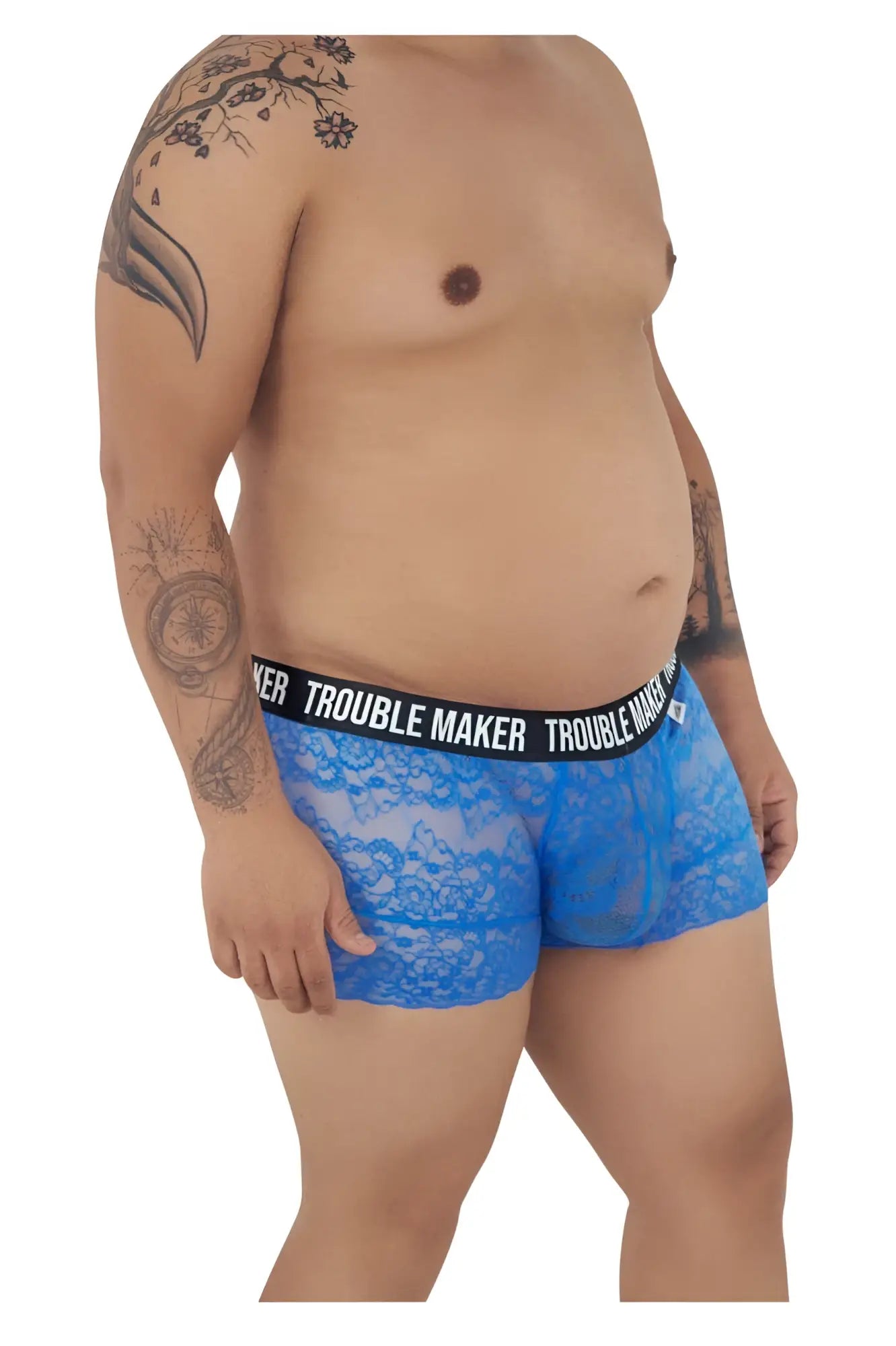 Dark blue lace boxer briefs with black elastic waistband featuring trouble maker brand name candyMan 99616X