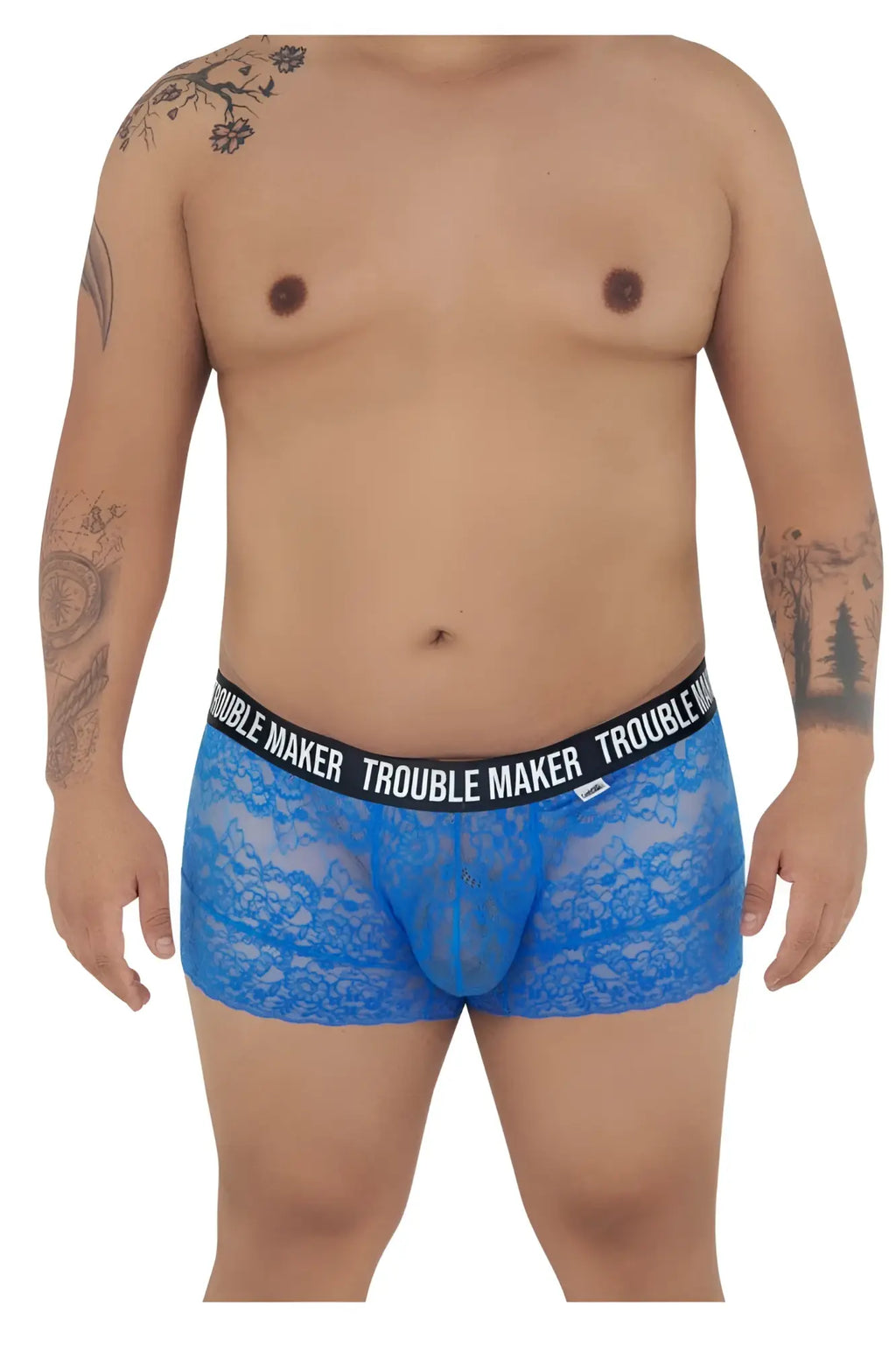 Blue lace boxer briefs with black elastic waistband featuring trouble maker brand name in white lettering dark blue color