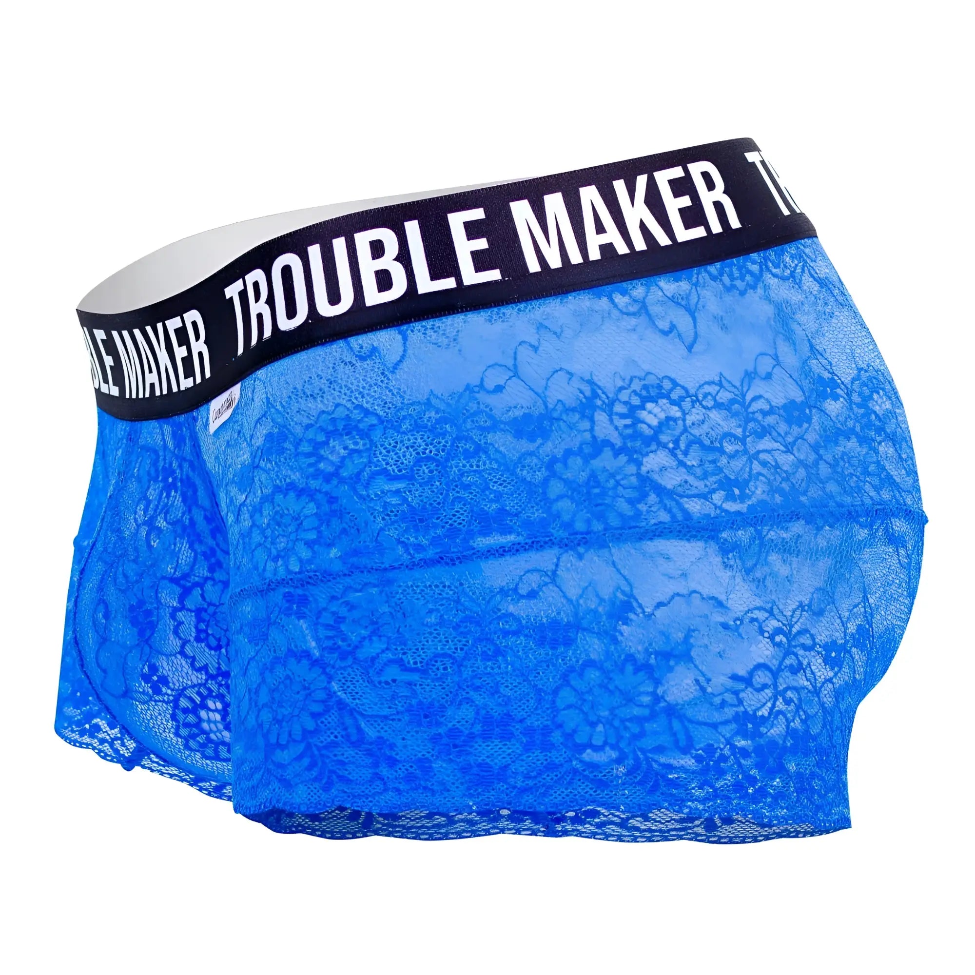 Dark blue candyman 99616x trouble maker lace trunks with black waistband and white lettering front view