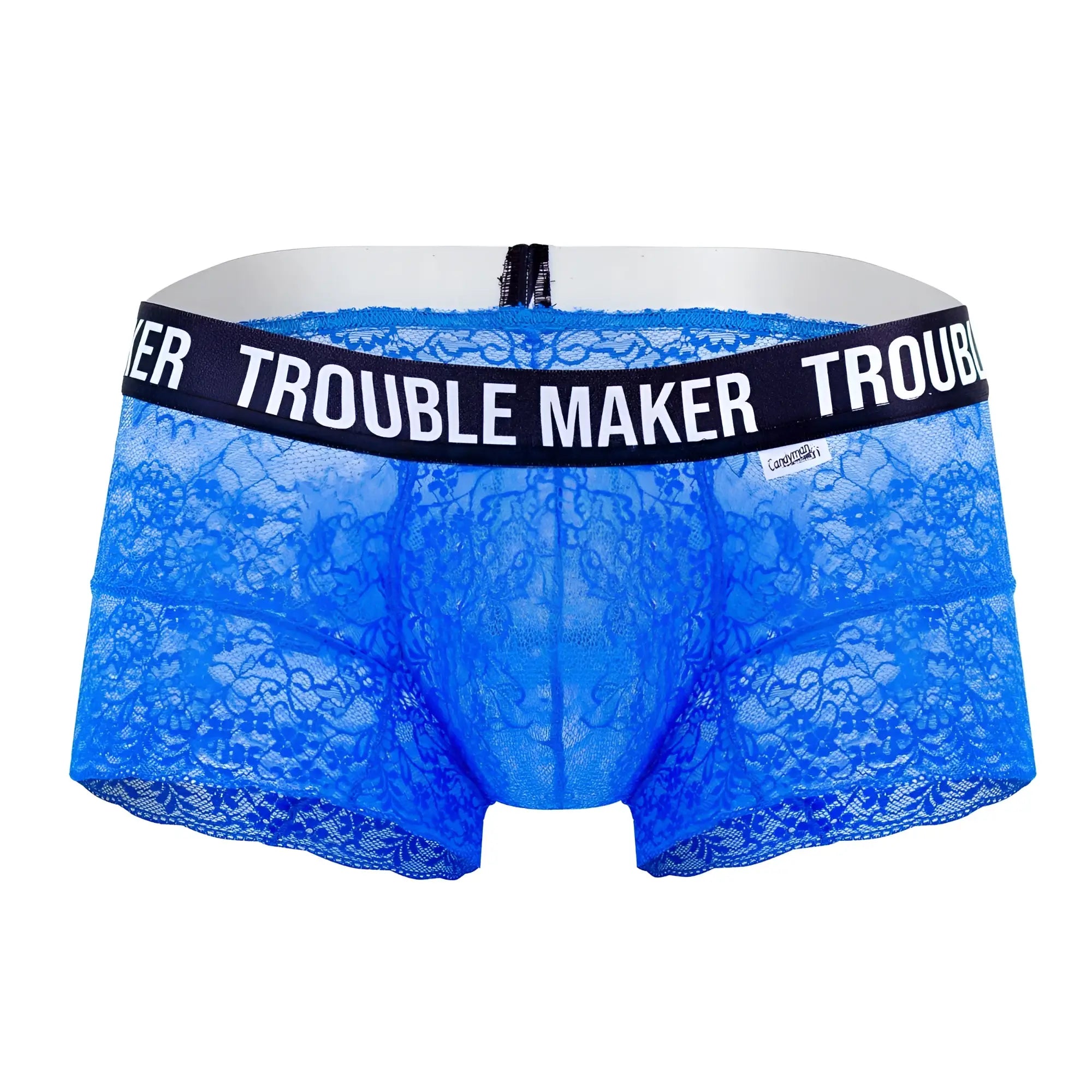 CandyMan 99616X trouble maker lace trunks in dark blue with black waistband and white text for men underwear