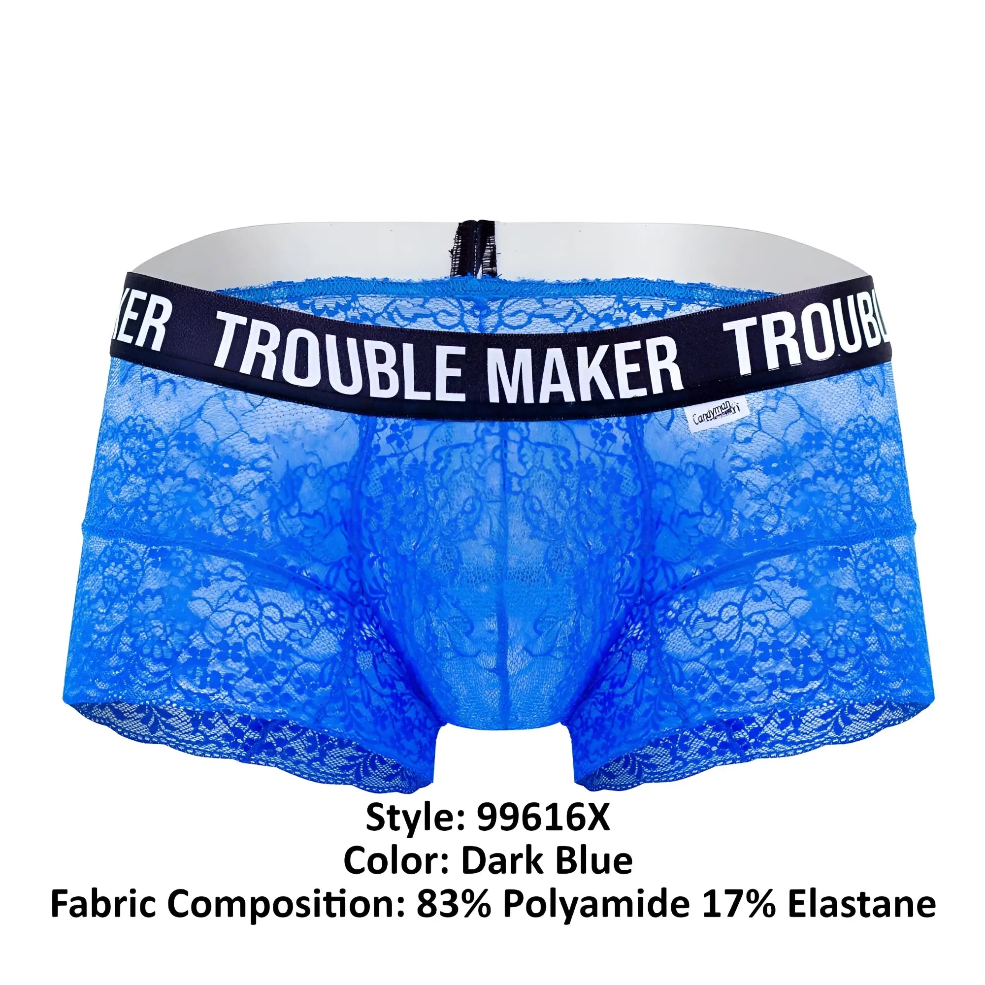 CandyMan 99616X trouble maker lace trunks in dark blue featuring blue lace fabric and a black waistband with white lettering