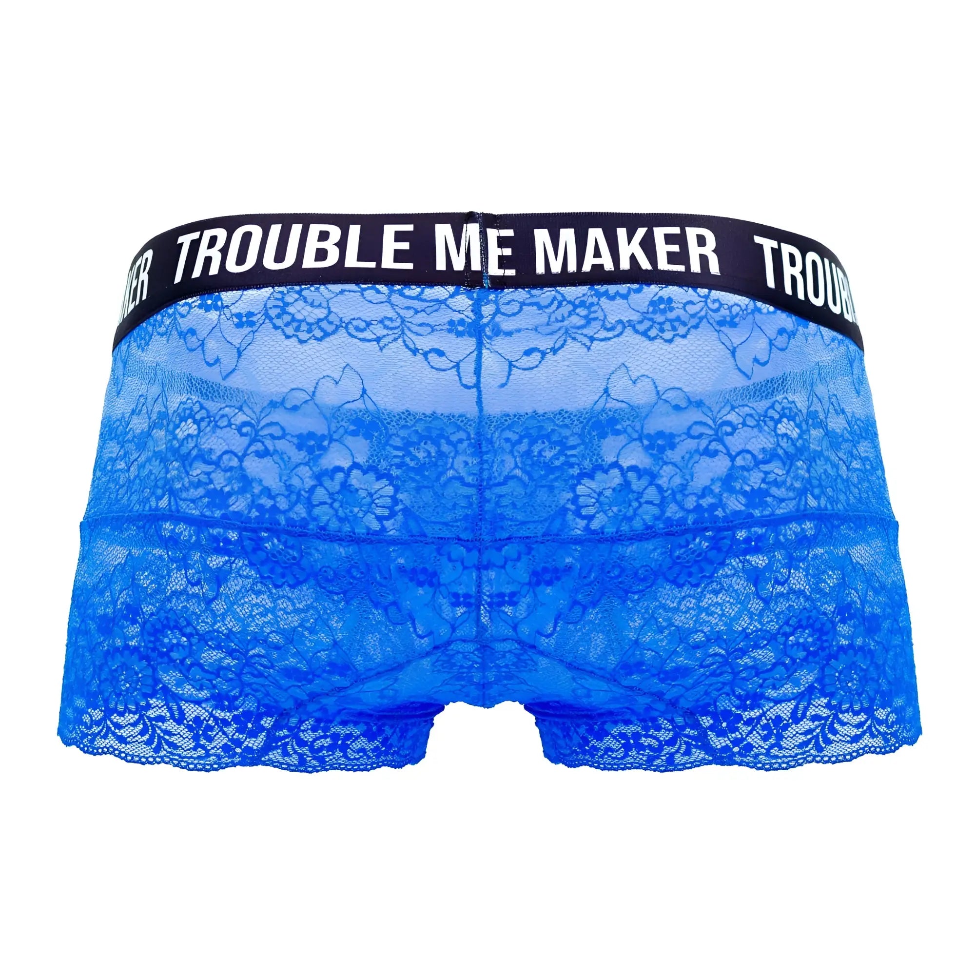 Dark blue candy man 99616x trouble maker lace trunks with black waistband featuring trouble me maker text