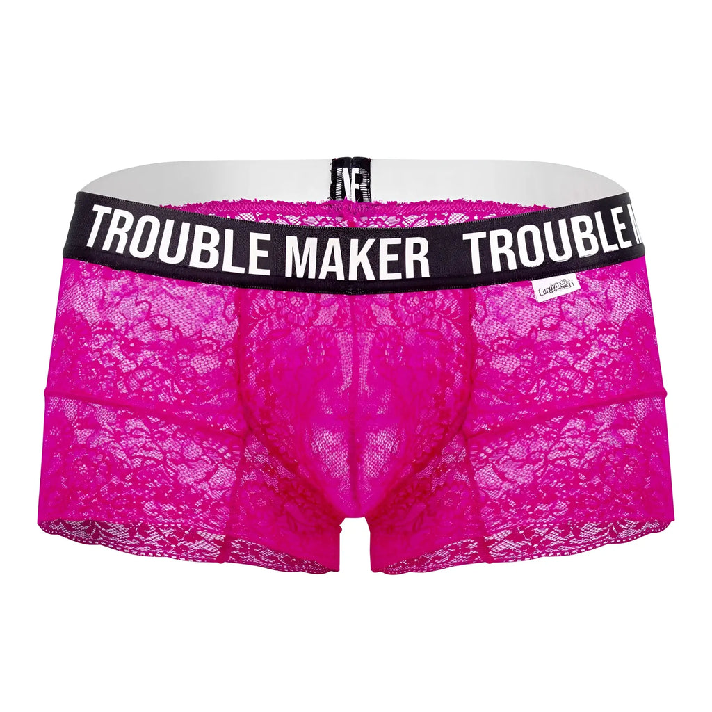 CandyMan 99616X trouble maker bright pink lace men’s trunks with black waistband and white text design