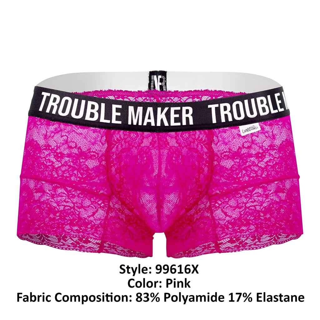 CandyMan 99616X trouble maker lace trunks in bright pink with black waistband featuring trouble maker logo