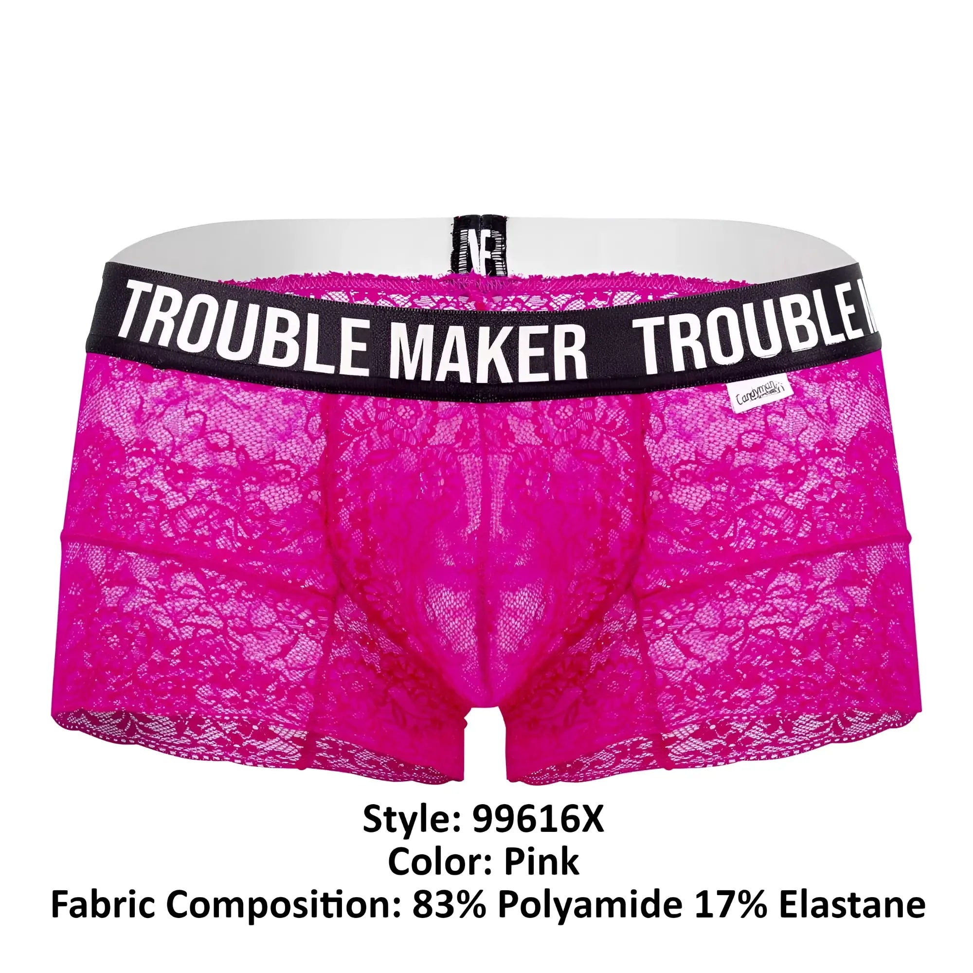 CandyMan 99616X trouble maker lace trunks in bright pink with black waistband featuring trouble maker logo