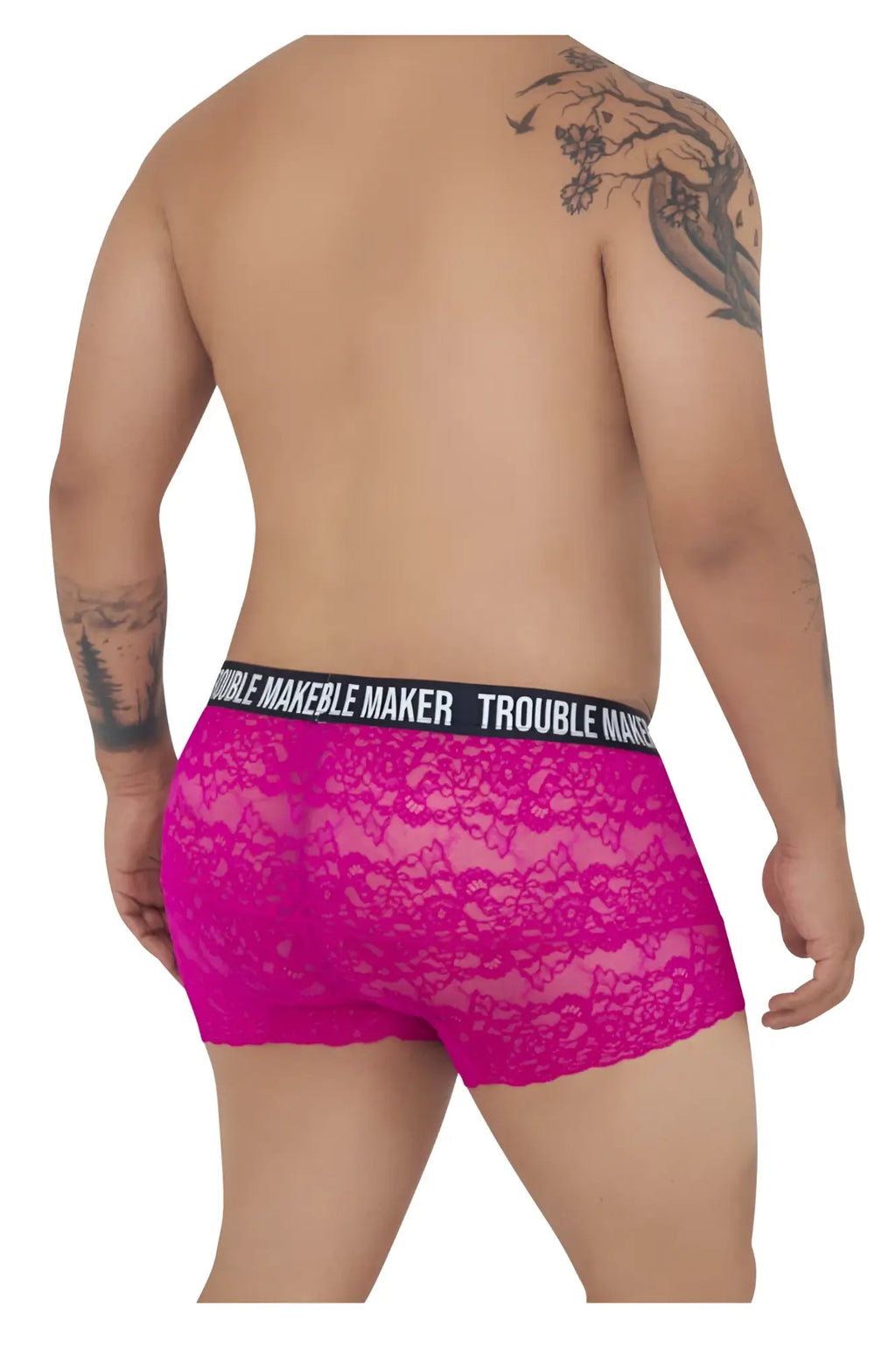 Fuchsia lace boxer briefs with black trouble maker waistband by Candyman 99616X pink lace trunks