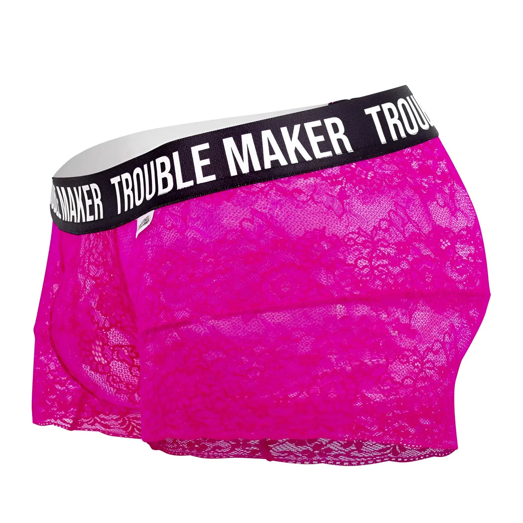 Fuchisa lace boxer briefs with black waistband and white trouble maker lettering candyMan 99616X lace trunks pink