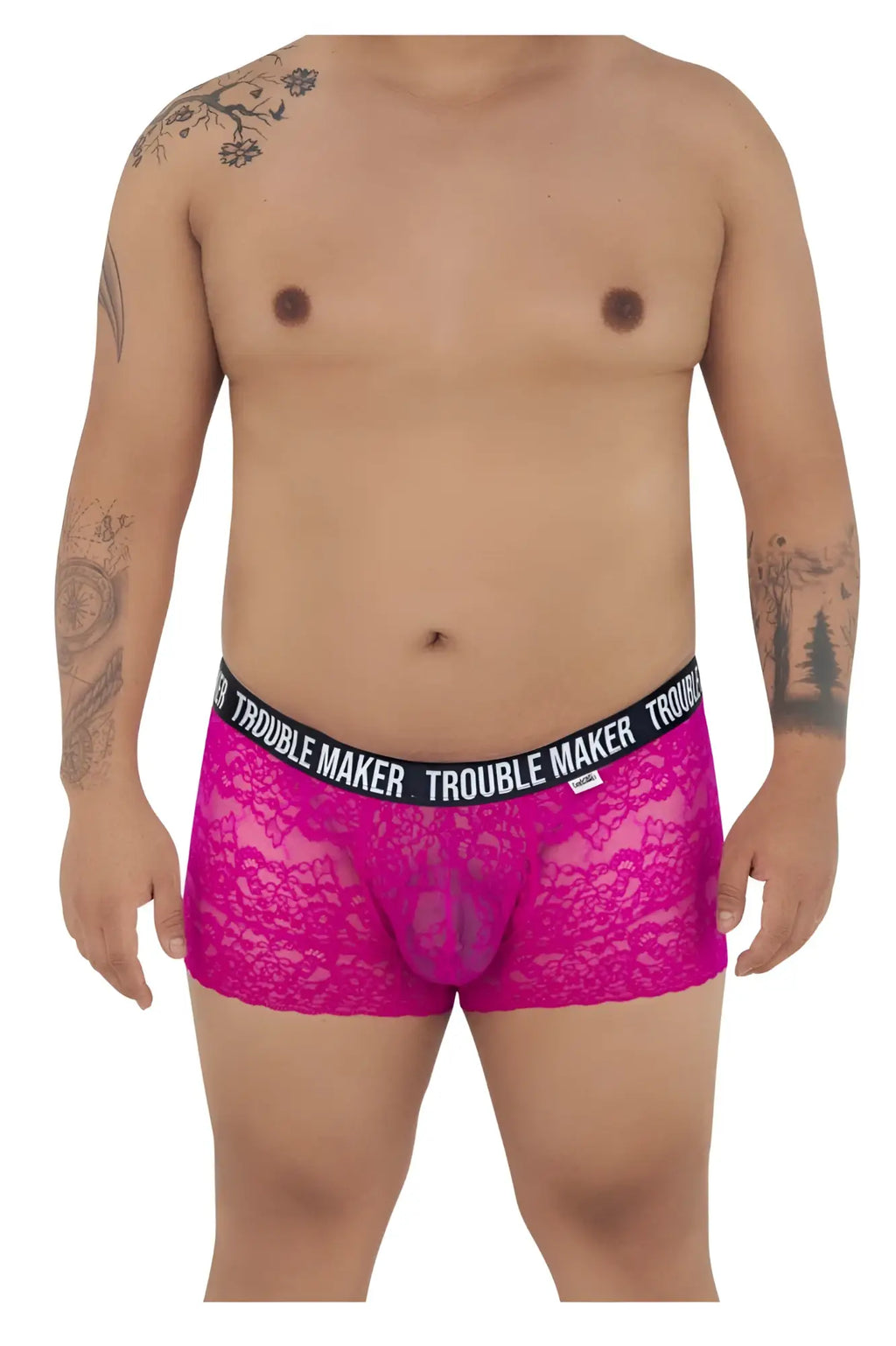 Fuchsia lace boxer briefs with black elastic waistband featuring trouble maker brand name in white lettering candy man 99616x