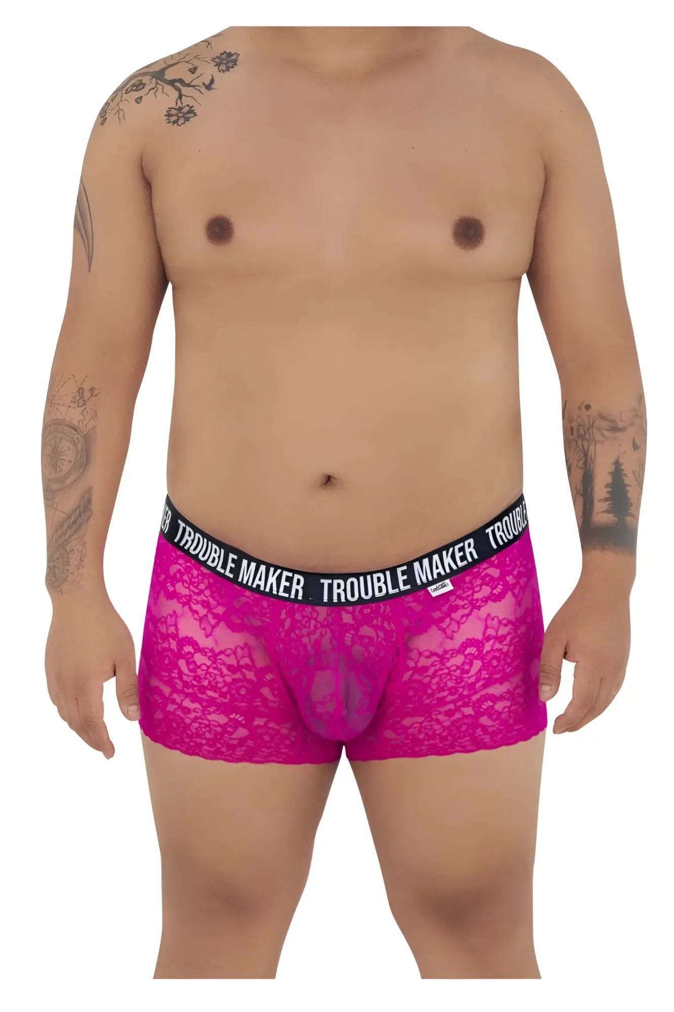 Fuchsia lace boxer briefs with black elastic waistband featuring trouble maker brand name in white lettering candy man 99616x