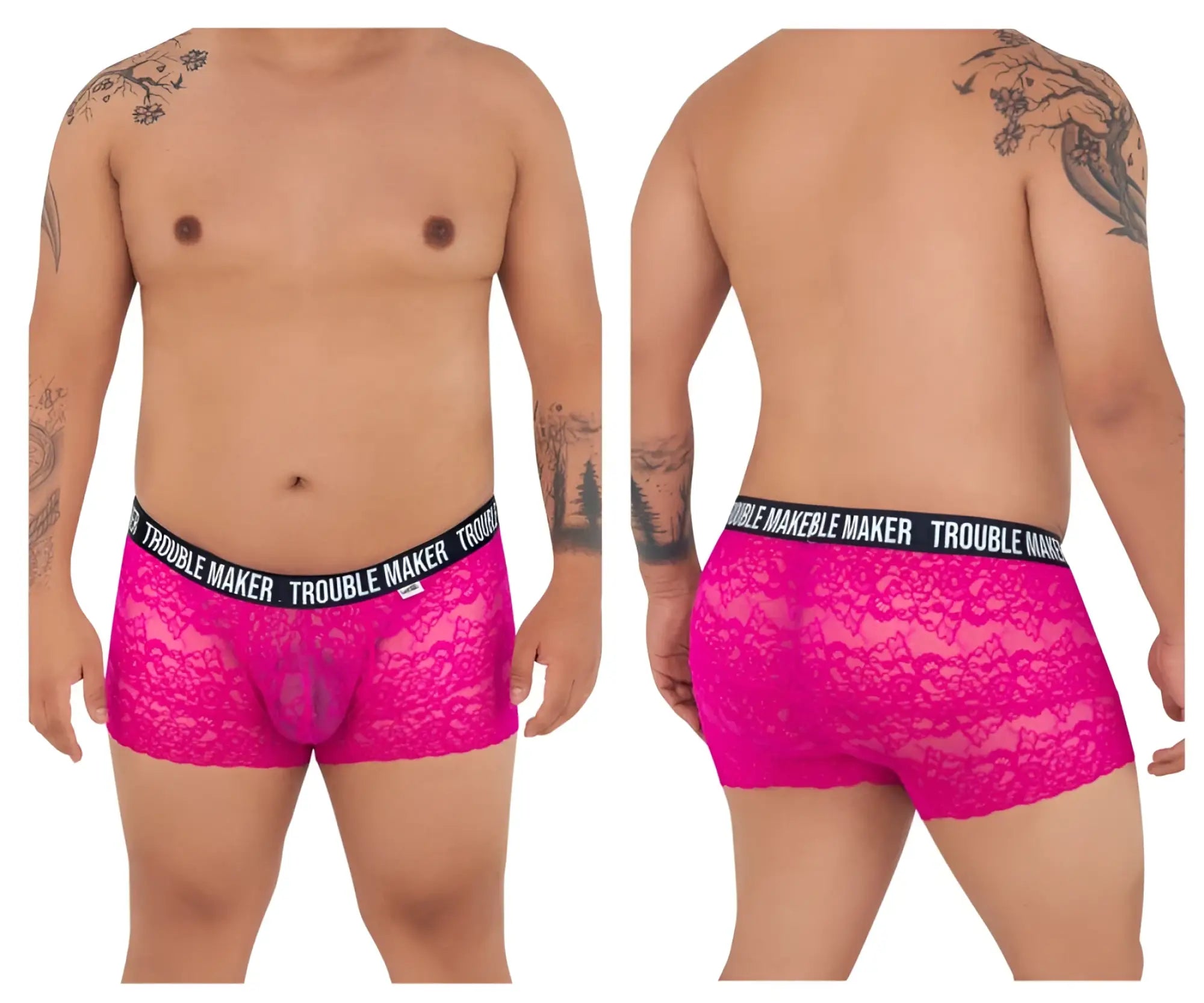 Fuchsia lace boxer briefs with black elastic waistband branded trouble maker from Candyman 99616X in pink color