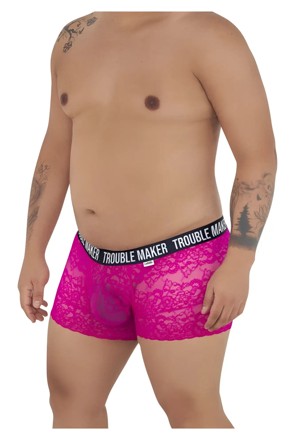Fuchsia lace boxer briefs with black elastic waistband featuring trouble maker brand name in white candy man 99616x pink