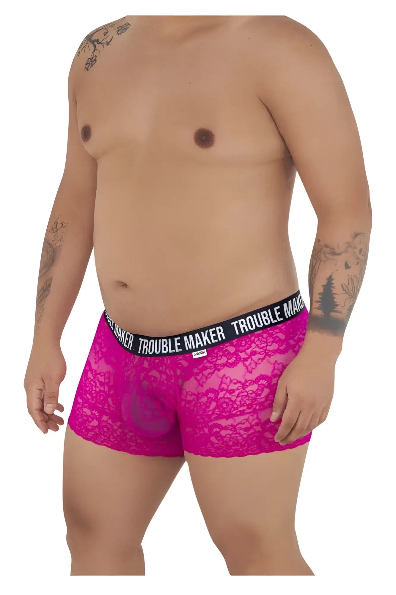 Fuchsia lace boxer briefs with black elastic waistband featuring trouble maker brand name in white candy man 99616x pink