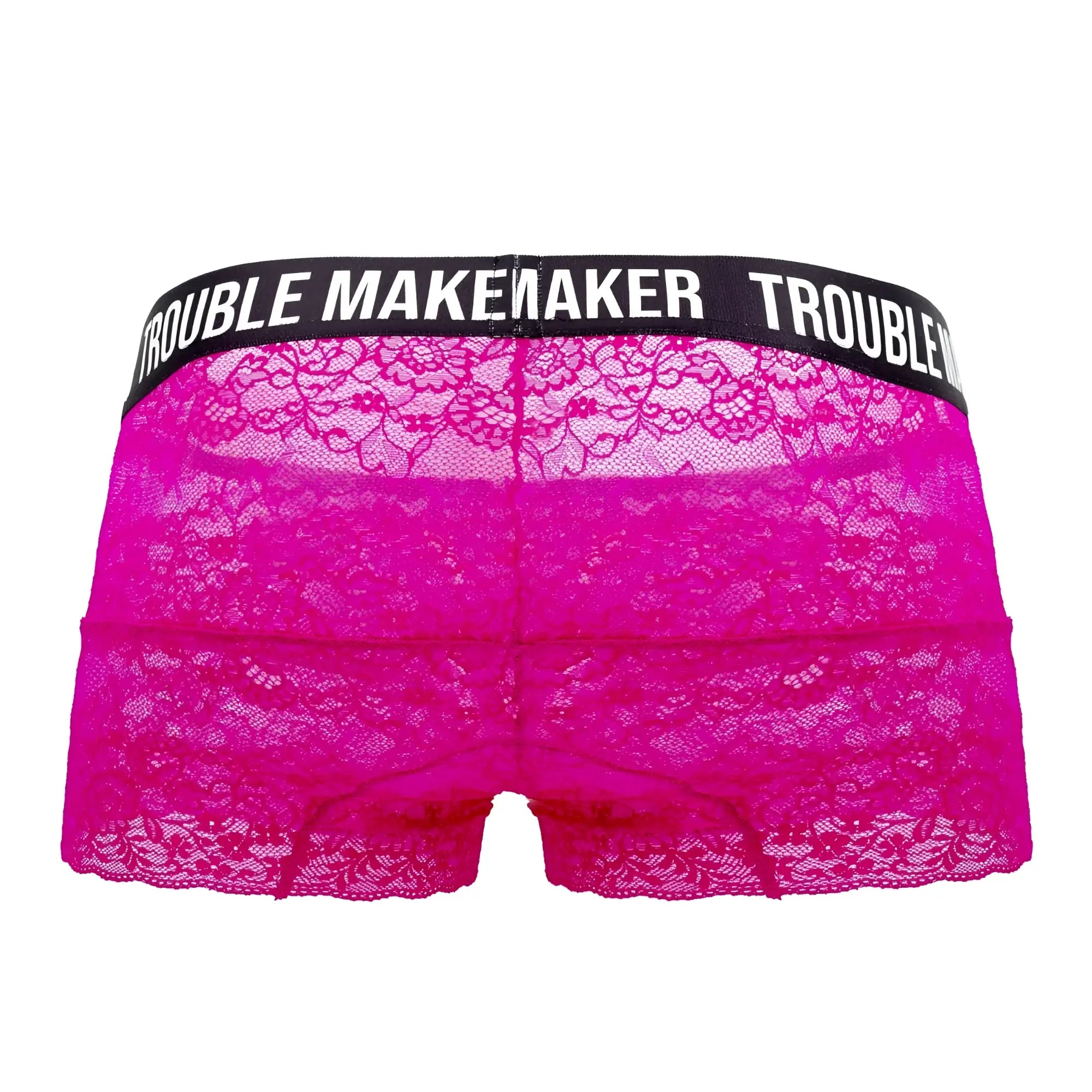 Vibrant fuchsia lace briefs with black waistband featuring trouble maker logo in white from Candyman 99616X collection
