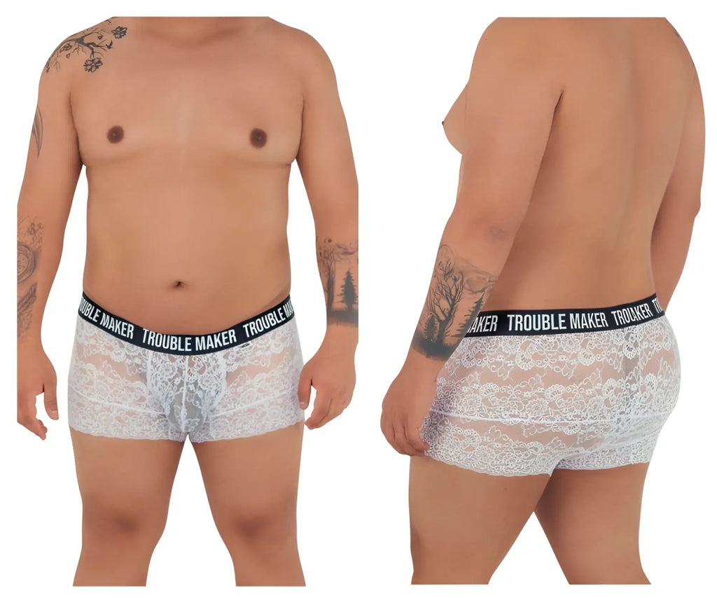 CandyMan 99616X trouble maker lace trunks in white featuring white lace and a black waistband with trouble maker branding
