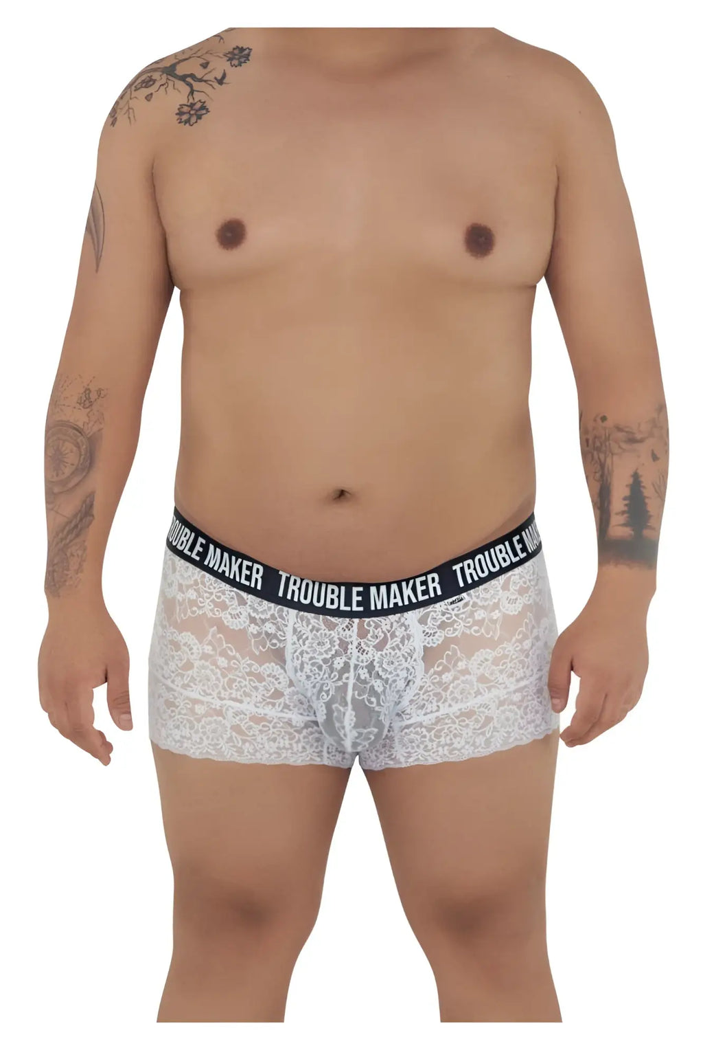 White lace boxer briefs with black elastic waistband featuring trouble maker branding candy man 99616x lace trunks white
