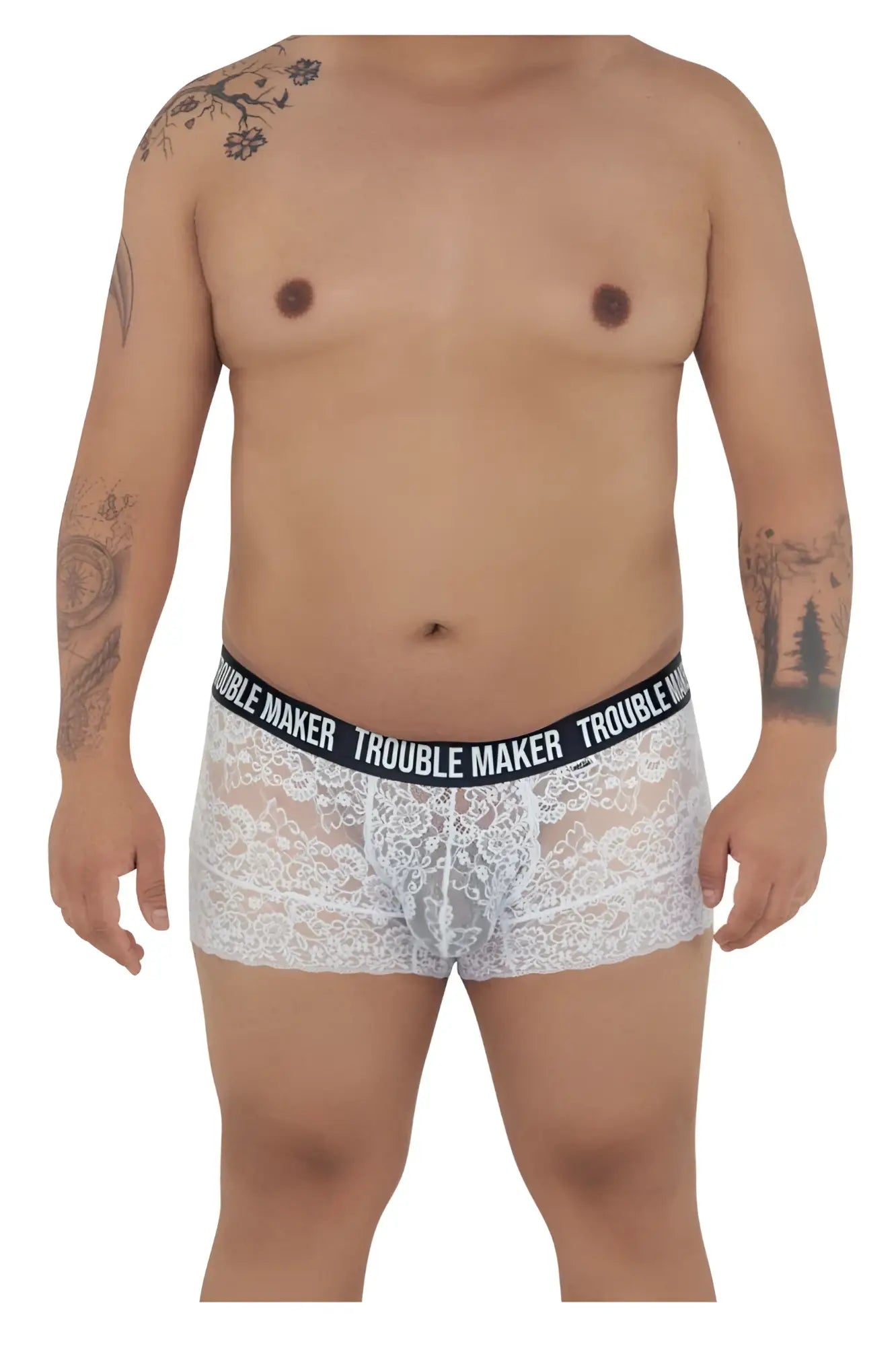 White lace boxer briefs with black elastic waistband featuring trouble maker branding candy man 99616x lace trunks white