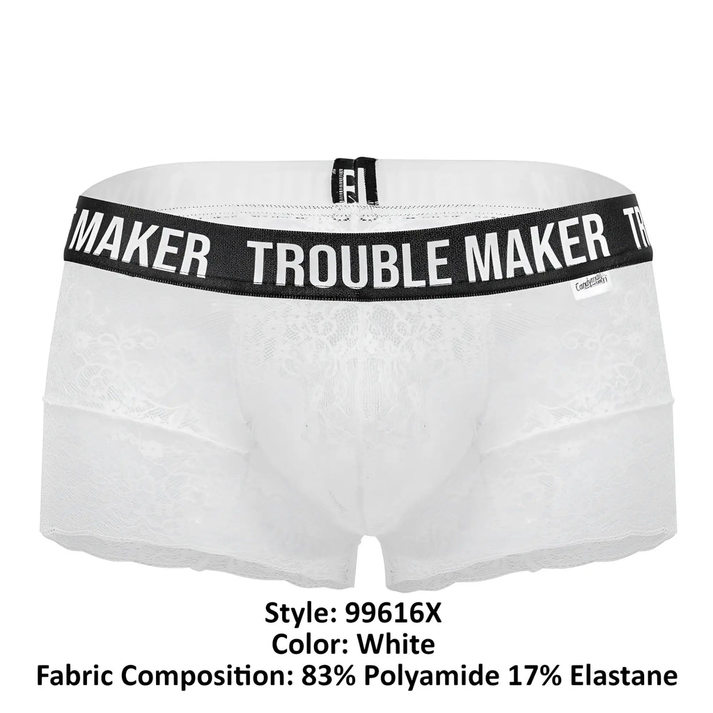 White lace boxer briefs candyMan 99616X with black elastic waistband featuring maker trouble maker text