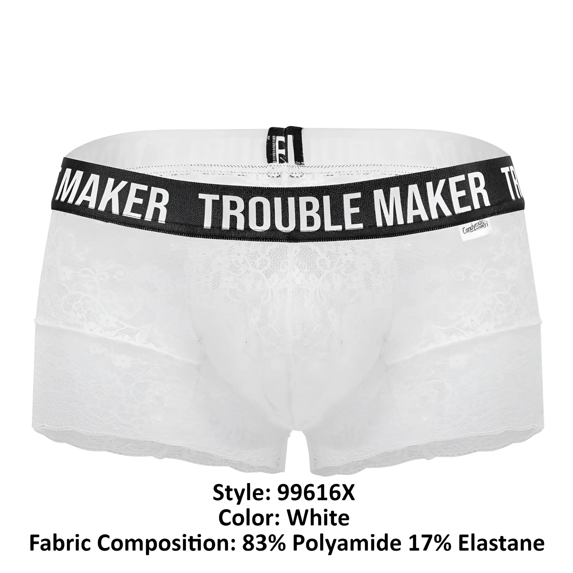 White lace boxer briefs candyMan 99616X with black elastic waistband featuring maker trouble maker text