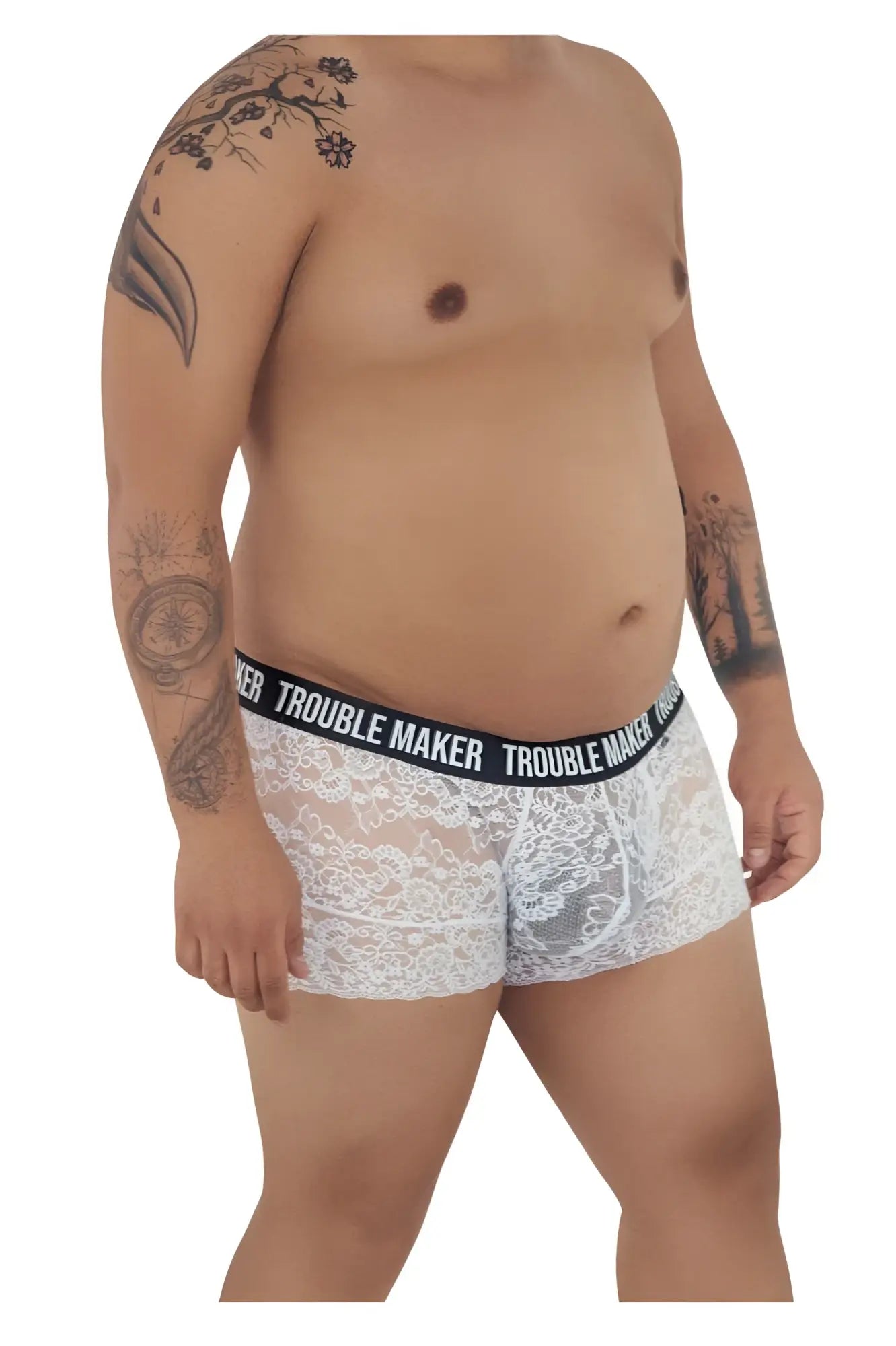 White lace boxer briefs with black elastic waistband featuring trouble maker branding candy man 99616x lace trunks