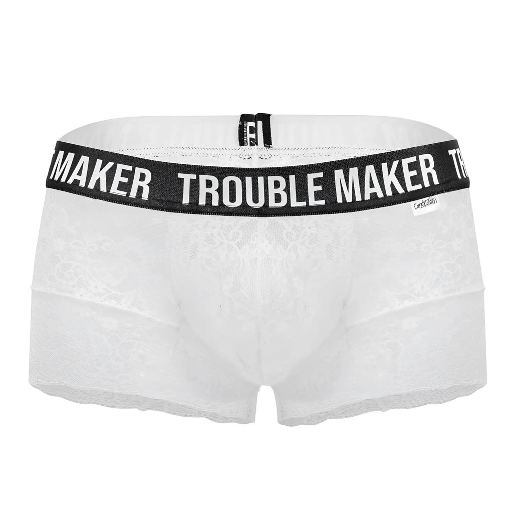 Candyman 99616x trouble maker lace trunks in white featuring white lace boxer briefs with a black waistband text