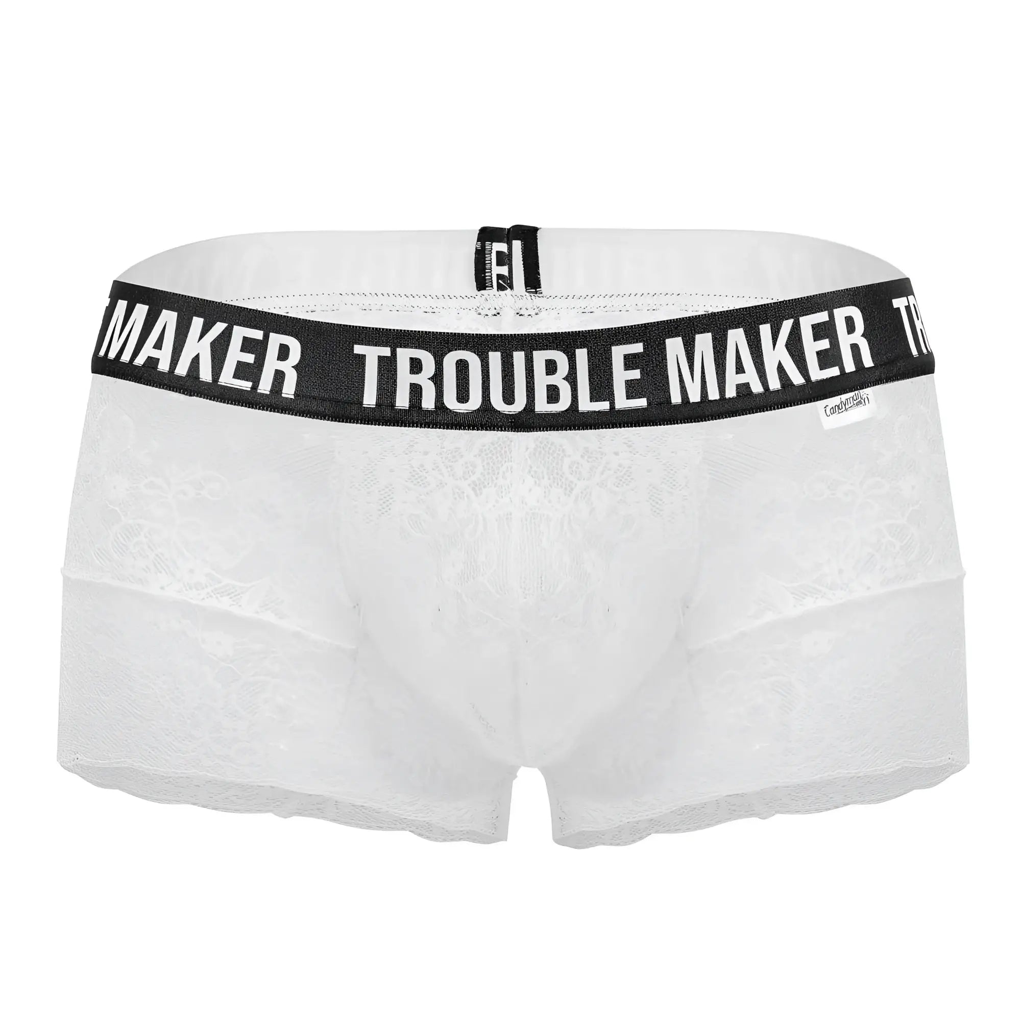 Candyman 99616x trouble maker lace trunks in white featuring white lace boxer briefs with a black waistband text