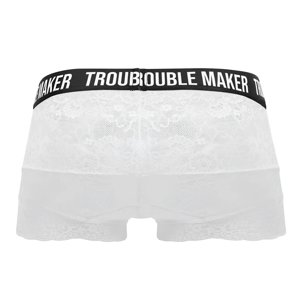 White lace lace trunks with a black waistband featuring troublemaker branding in white lettering candy man 99616x