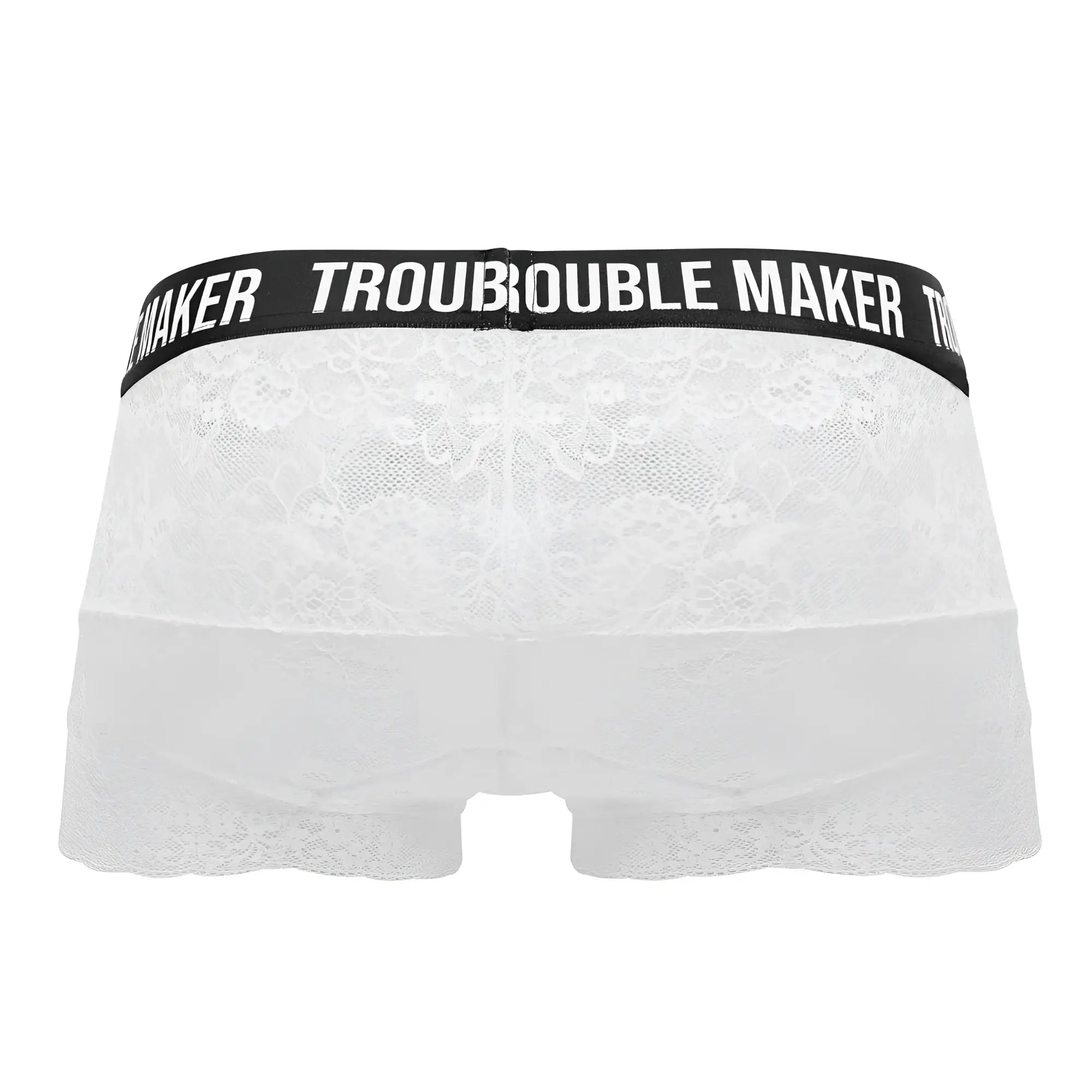 White lace lace trunks with a black waistband featuring troublemaker branding in white lettering candy man 99616x