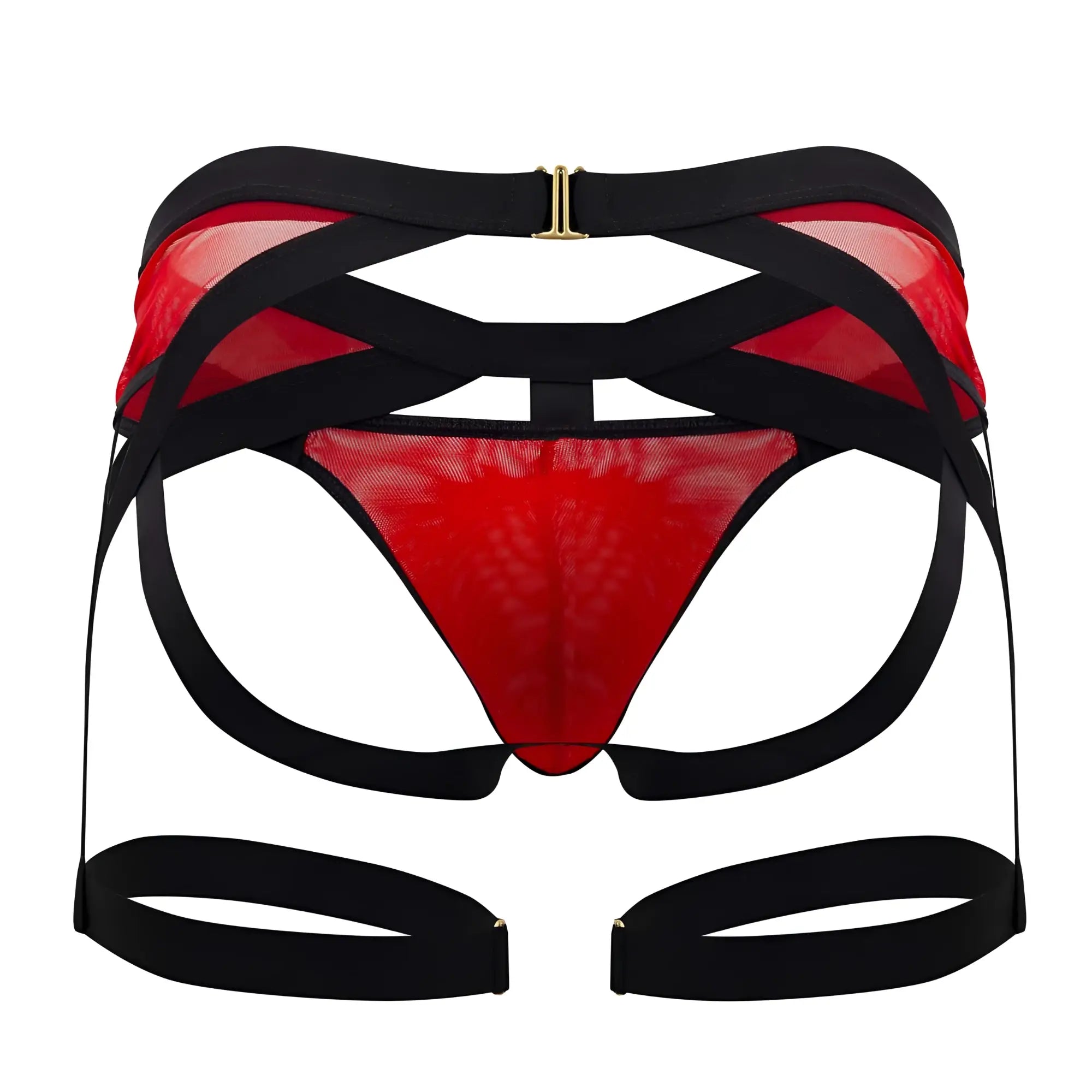 Candyman 99623 garter jockstrap in red mesh harness lingerie with black straps and gold-tone metal clasps
