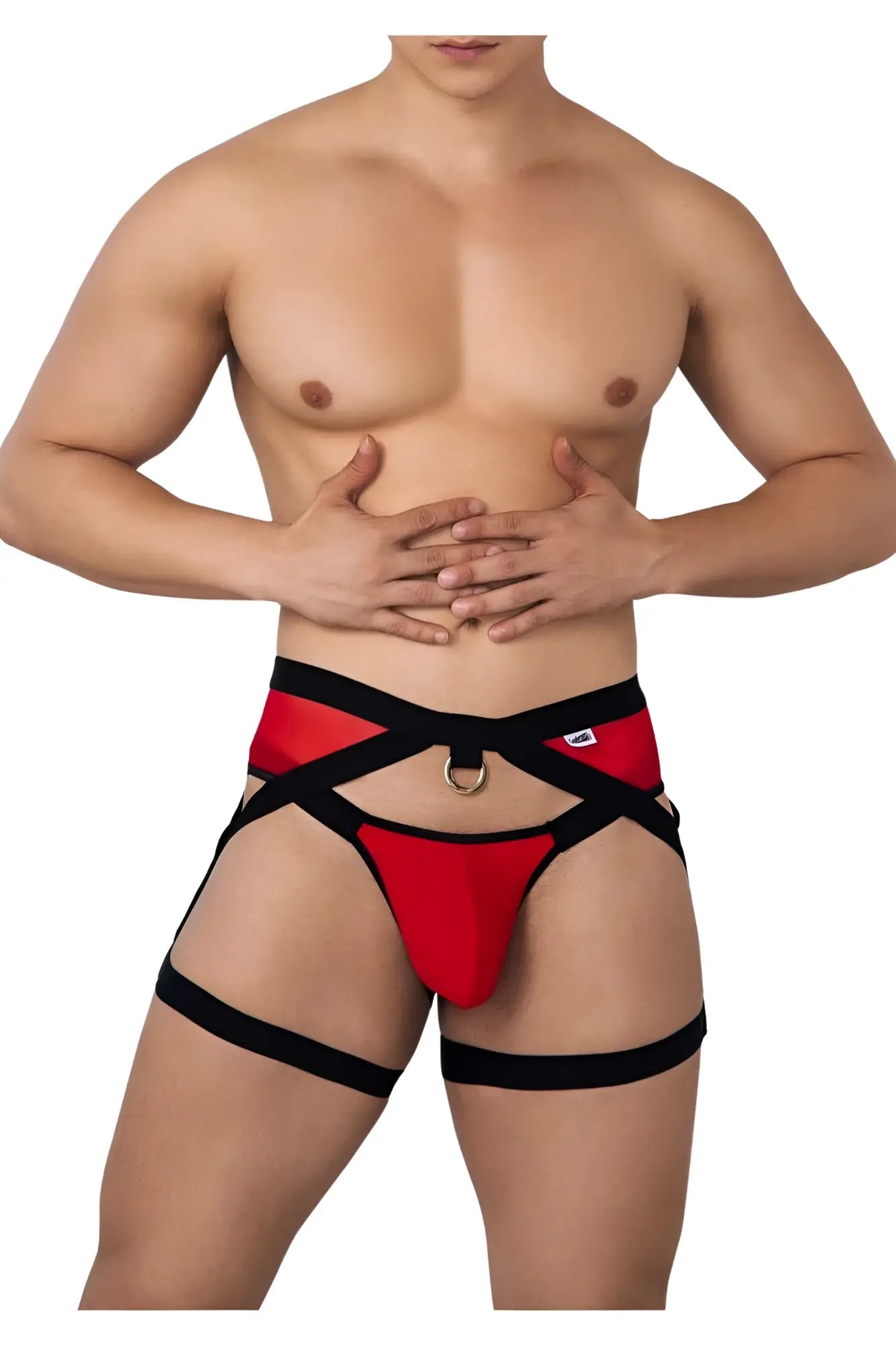Red and black strappy mens briefs with a central gold toned ring candy man 99623 garter jockstrap color red