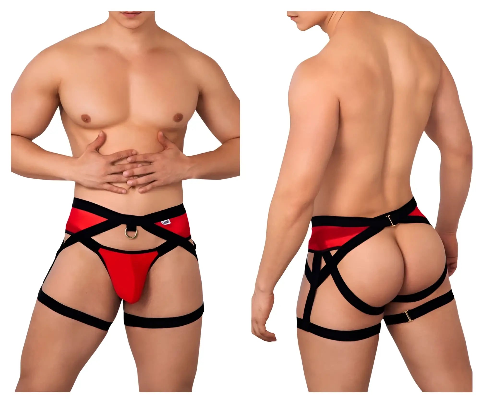 CandyMan 99623 garter jockstrap in red features red and black strappy design with adjustable straps and metallic hardware