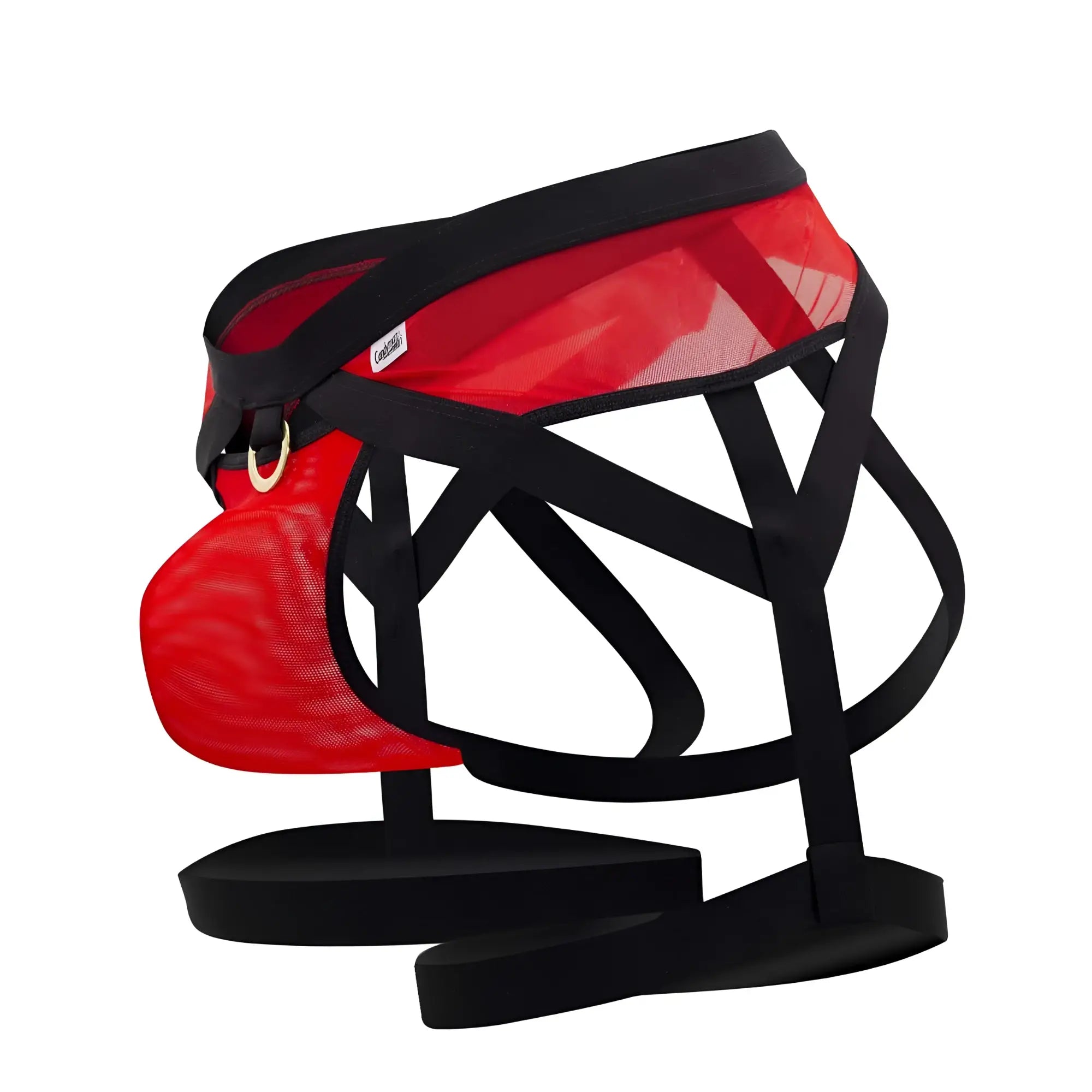 Candyman 99623 red garter jockstrap with red mesh harness black straps and gold-tone buckle front view