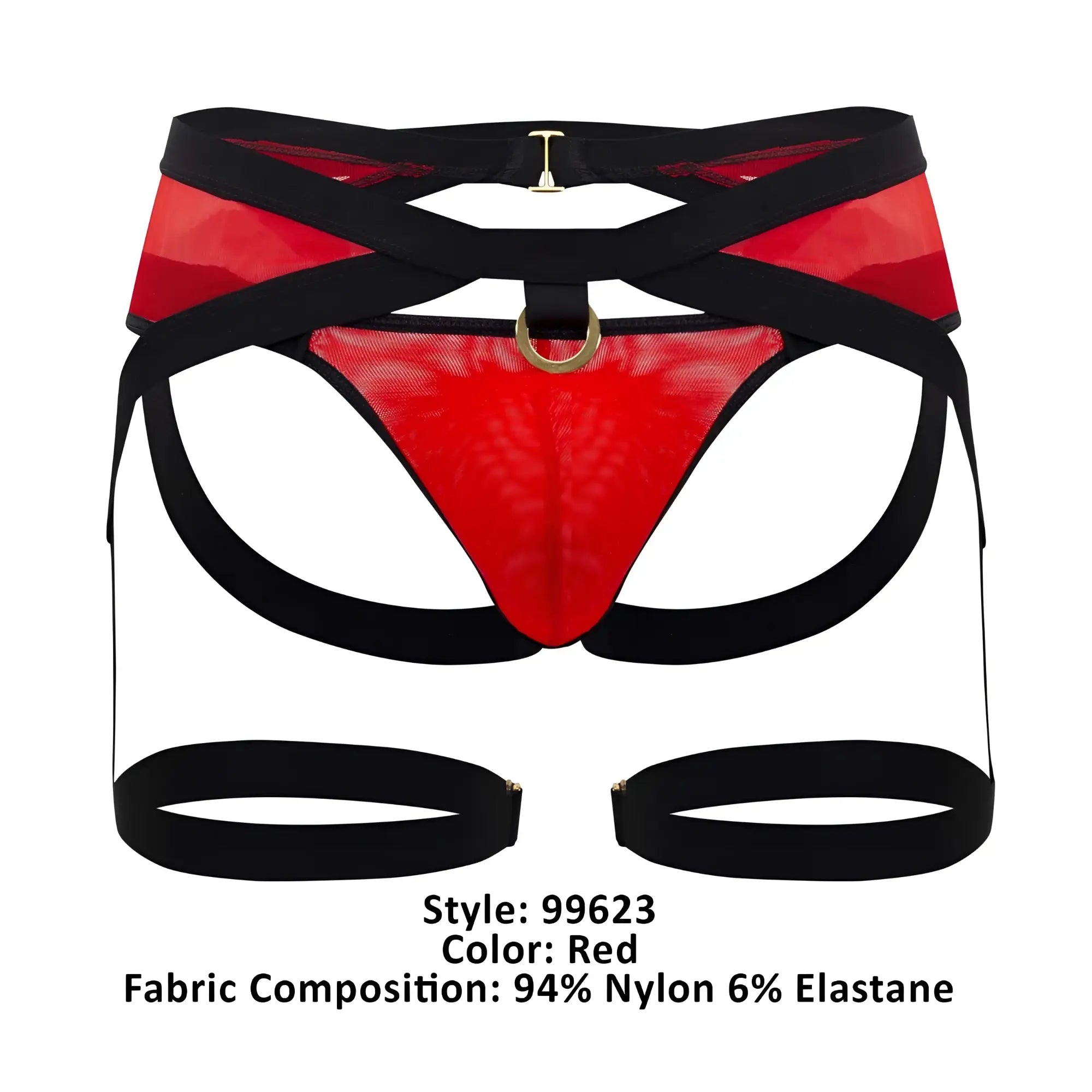 Red mesh CandyMan 99623 garter jockstrap with black straps and gold-tone hardware in front view