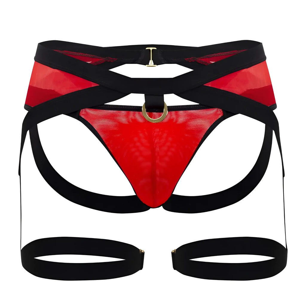 CandyMan 99623 red garter jockstrap featuring red mesh thong with black straps and gold-tone hardware front view