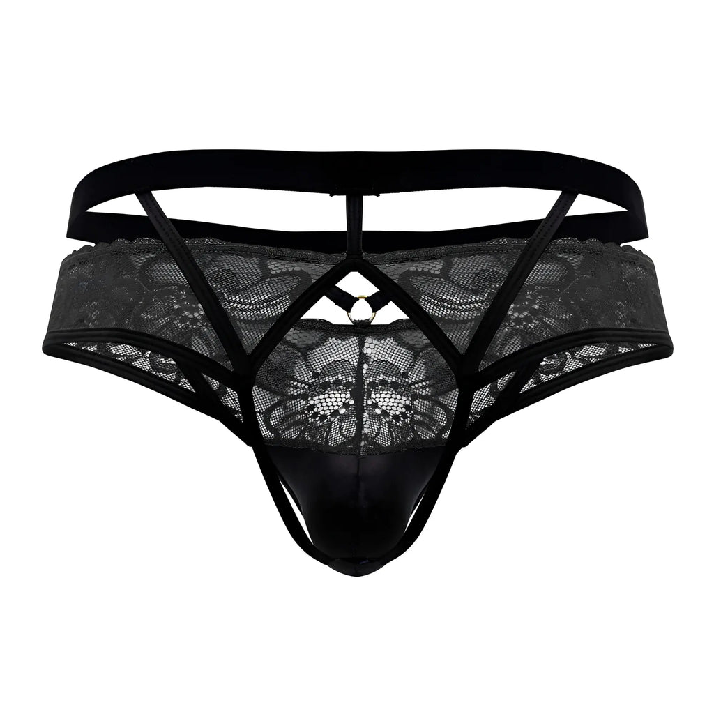 CandyMan 99627 lace jockstrap in black with glossy front panel and adjustable straps for a sleek fit