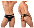 Black lace jockstrap thong with mesh and crisscross design by Candyman in black, showing the back side