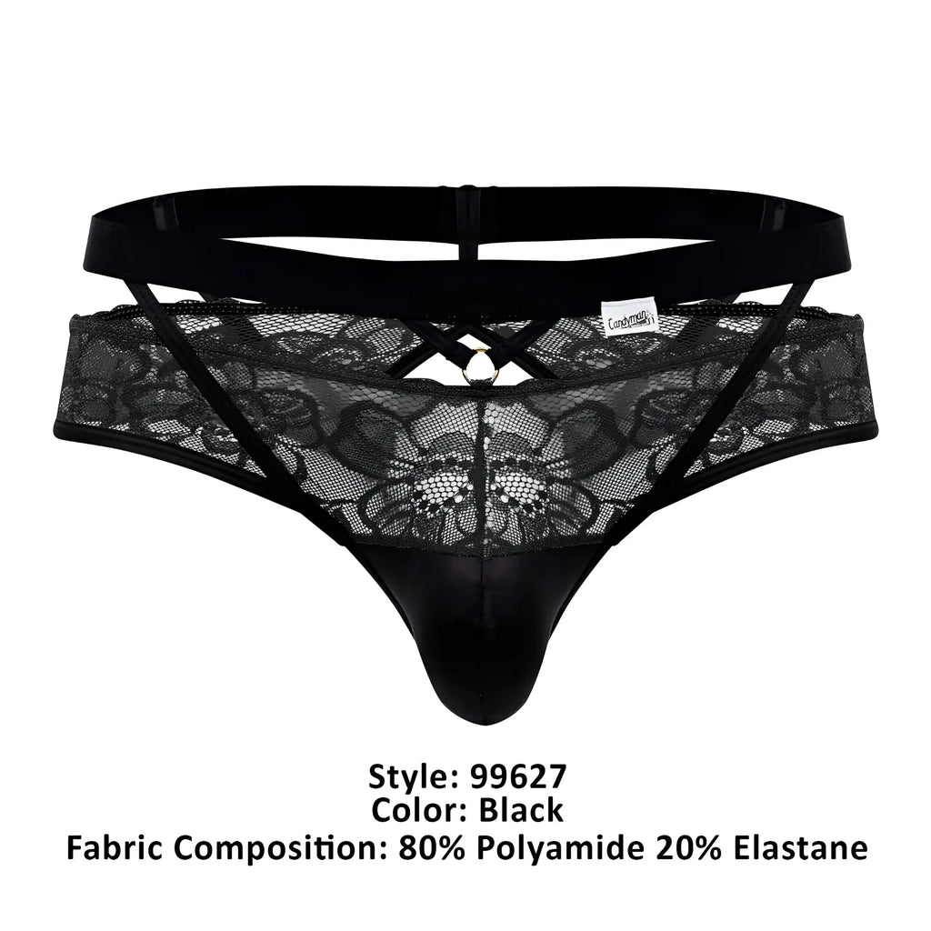 Black lace thong candyMan 99627 with satin front panel and crisscross detailing in black lace material