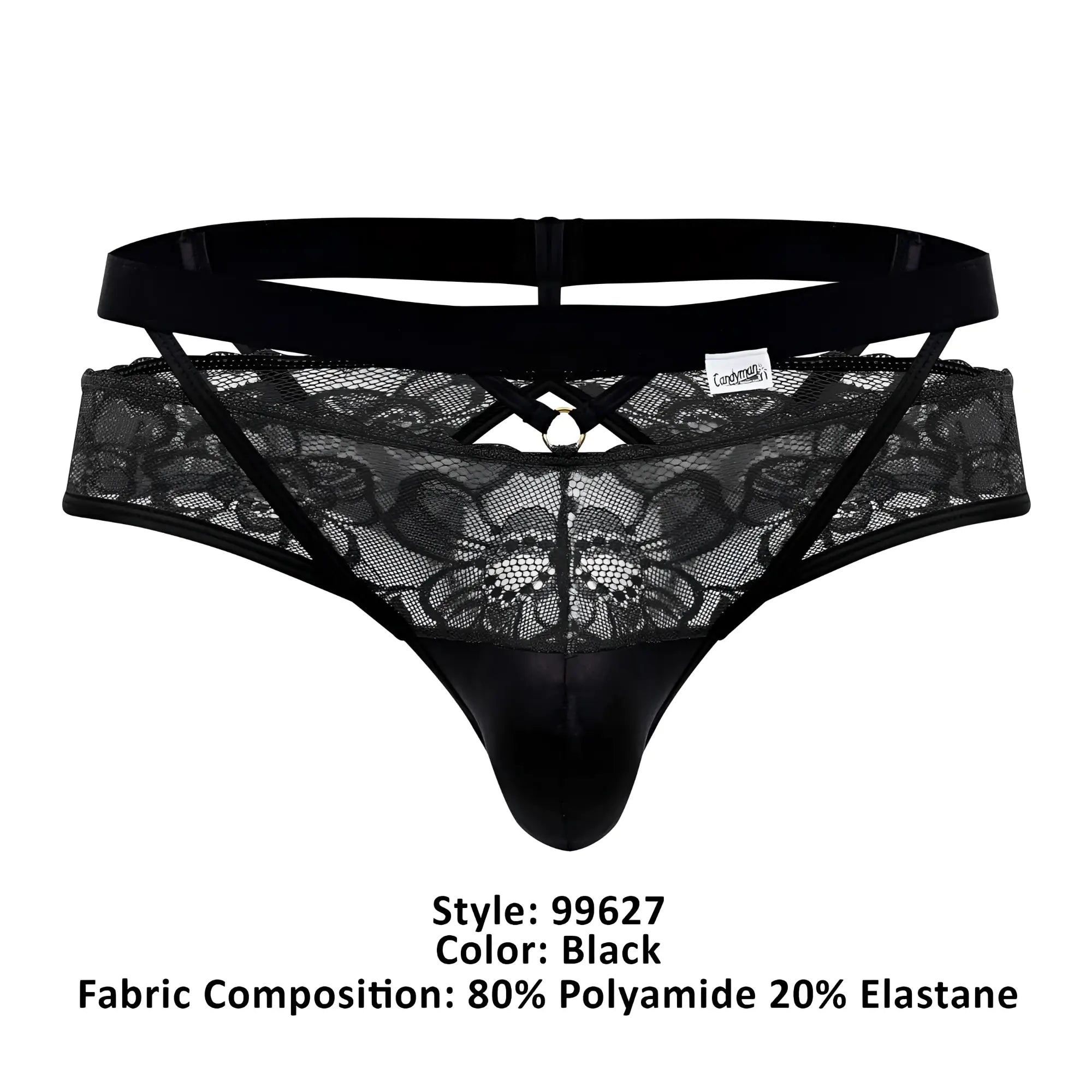 Black lace thong candyMan 99627 with satin front panel and crisscross detailing in black lace material