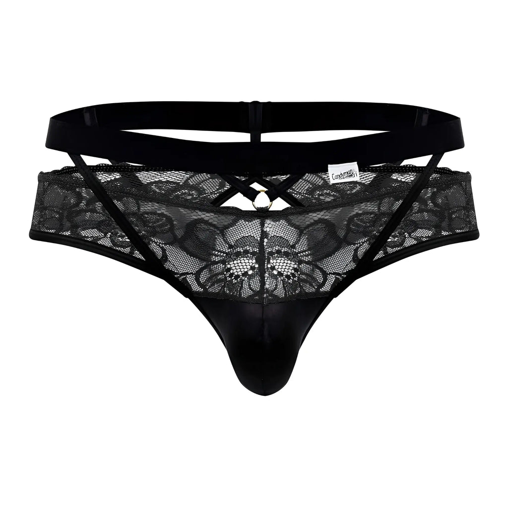 Black lace thong CandyMan 99627 with satin front panel and adjustable elastic waistband in black color