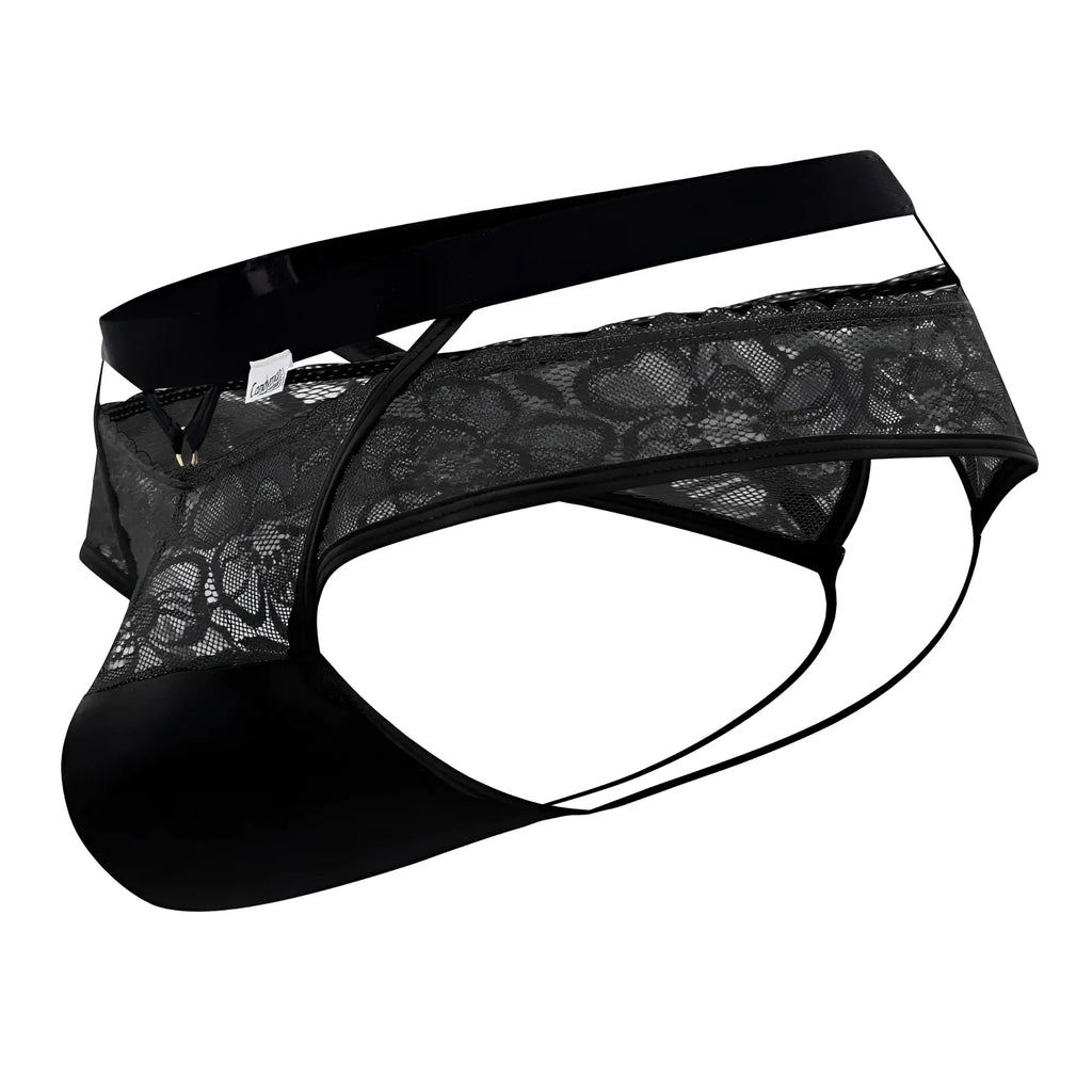 Black lace-trimmed CandyMan 99627 lace jockstrap in black with solid waistband and thin matching straps front view
