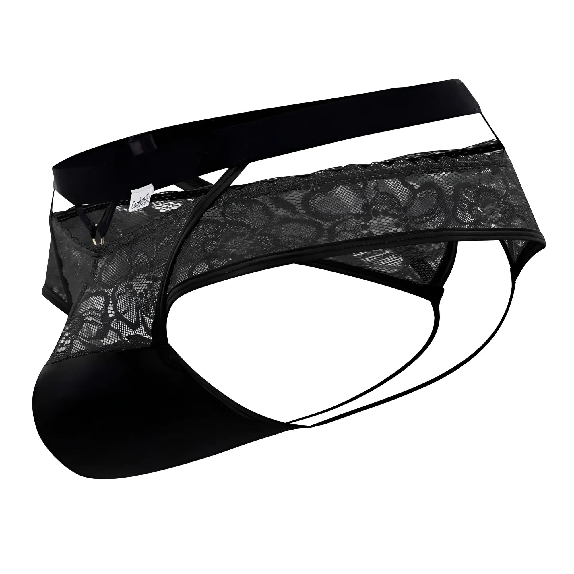 Black lace-trimmed CandyMan 99627 lace jockstrap in black with solid waistband and thin matching straps front view