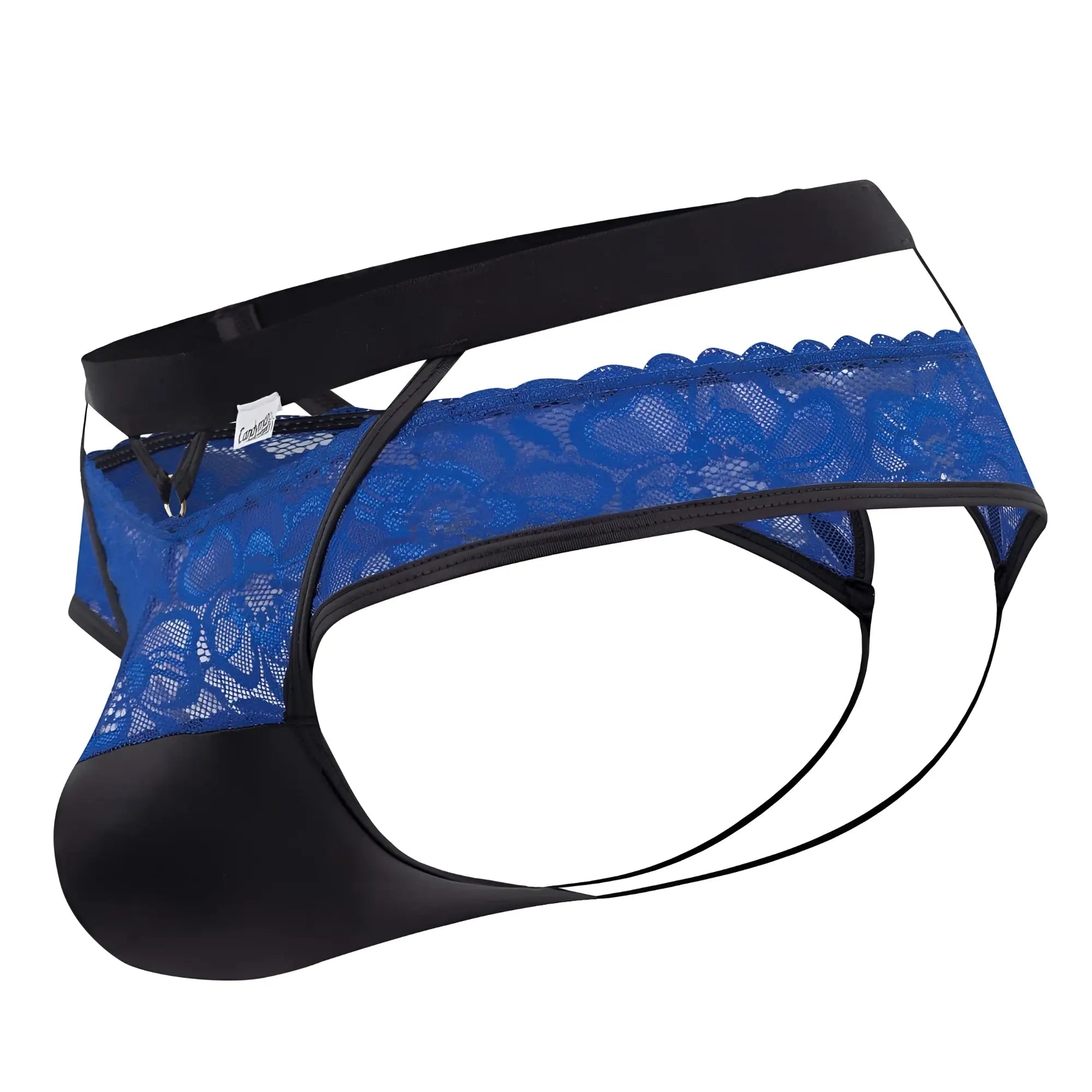 CandyMan 99627 blue lace men’s briefs with black elastic waistband and leg openings in front view