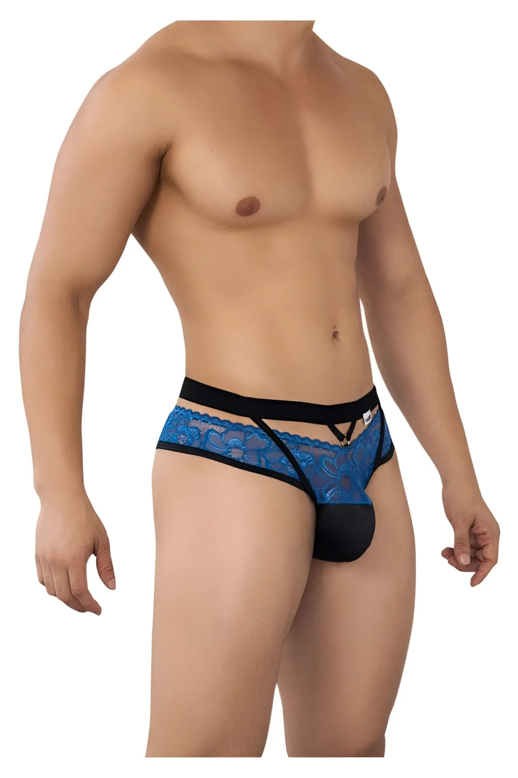 Candyman 99627 lace jockstrap in blue featuring men’s briefs with black elastic waistband and matching black pouch