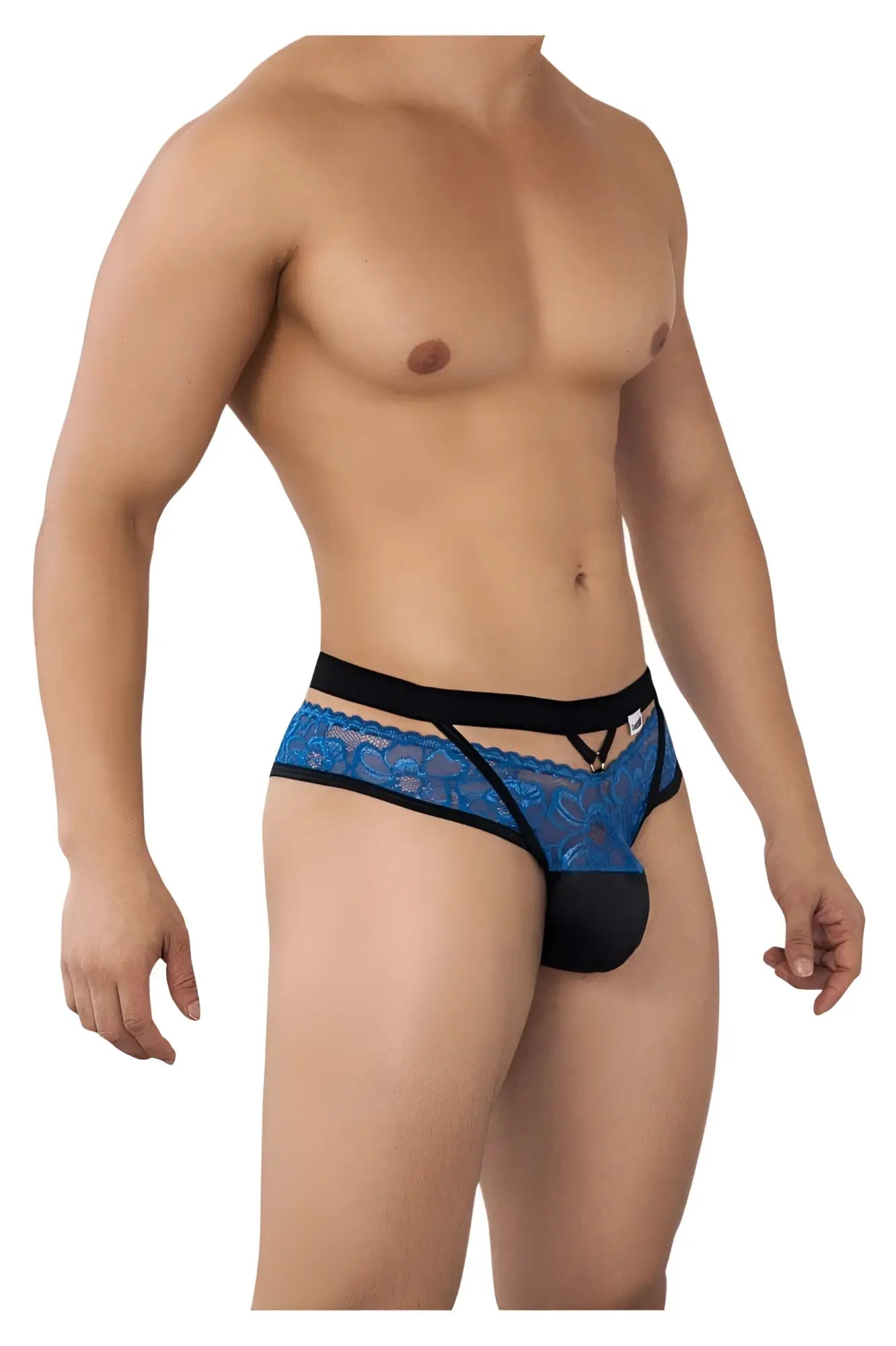 Candyman 99627 lace jockstrap in blue featuring men’s briefs with black elastic waistband and matching black pouch