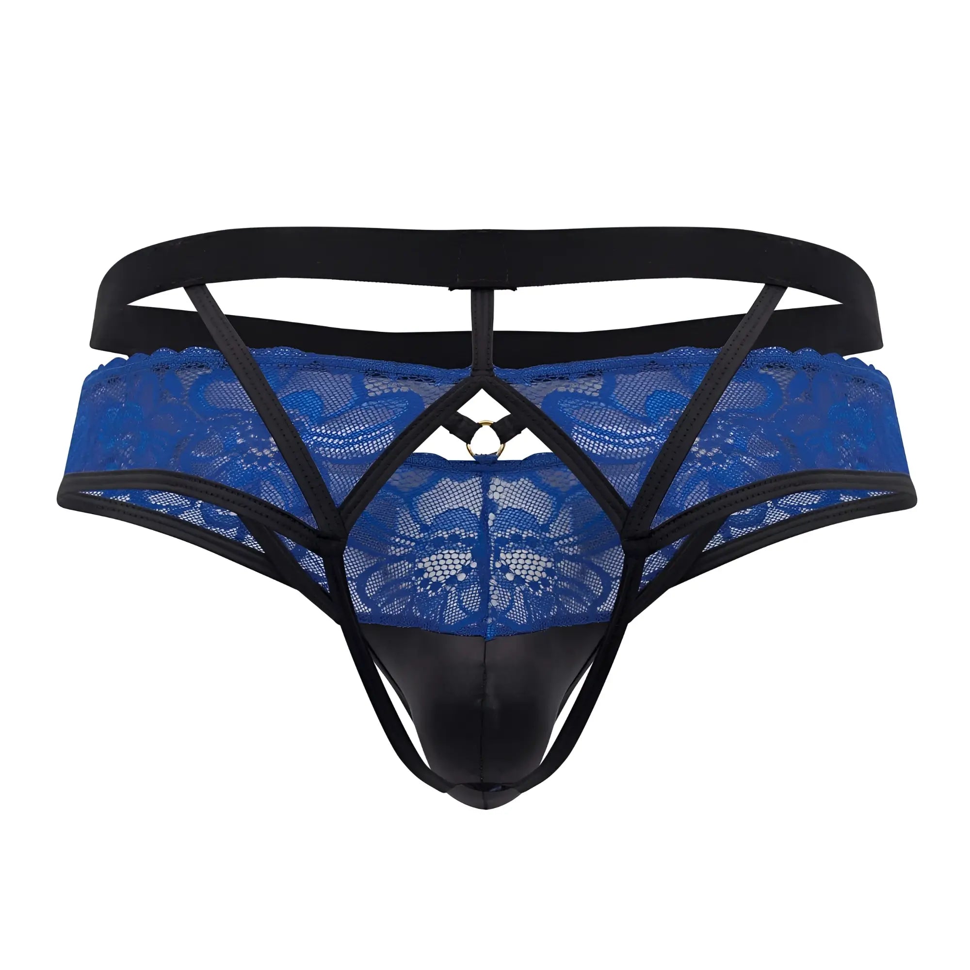 Candyman 99627 lace jockstrap in blue with a blue lace thong, black elastic straps, and glossy black front panel